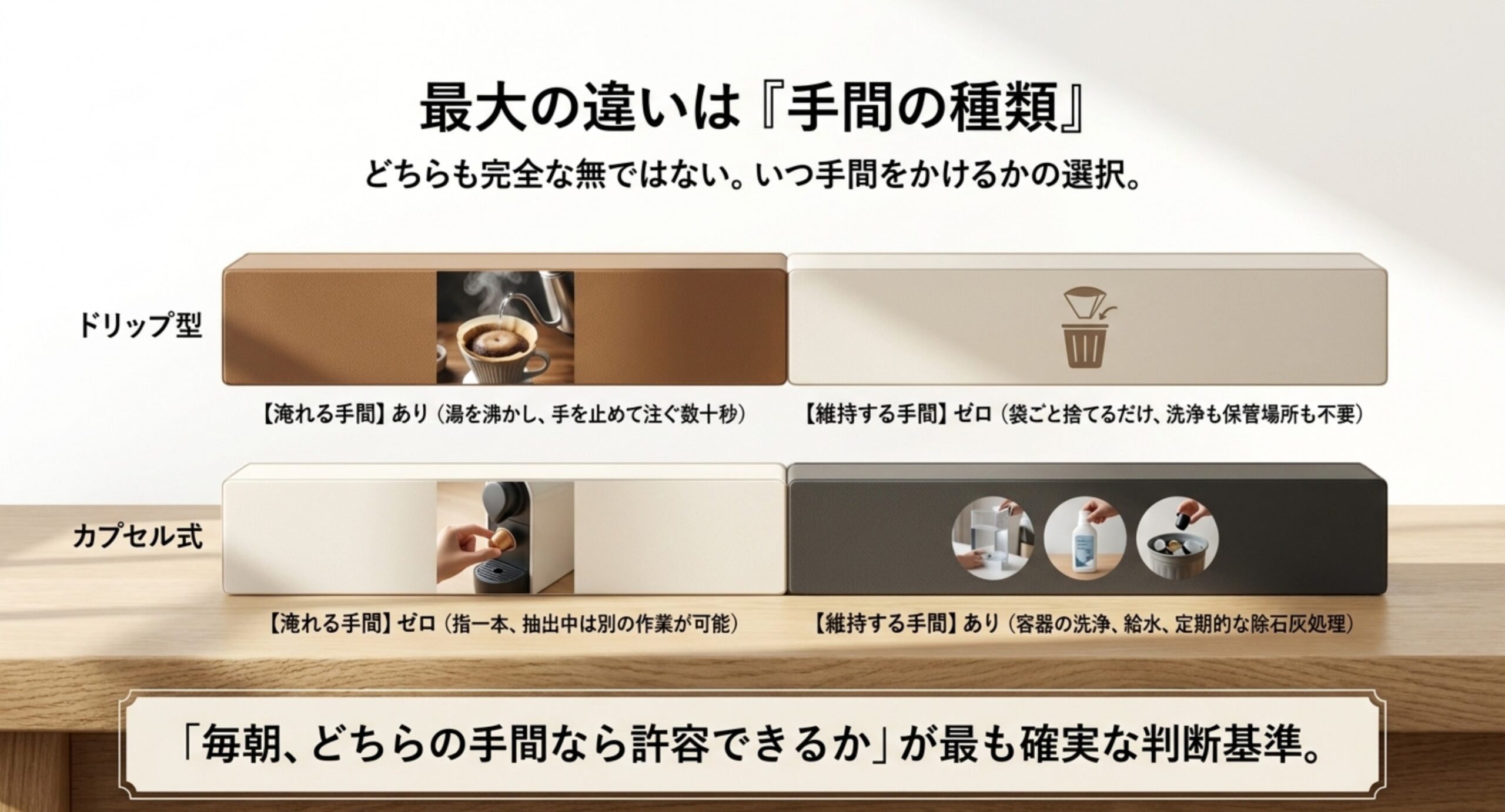 ドリップバッグは淹れる手間があり維持の手間がゼロ、カプセル式は淹れる手間がゼロで維持の手間があるという対比を示した図