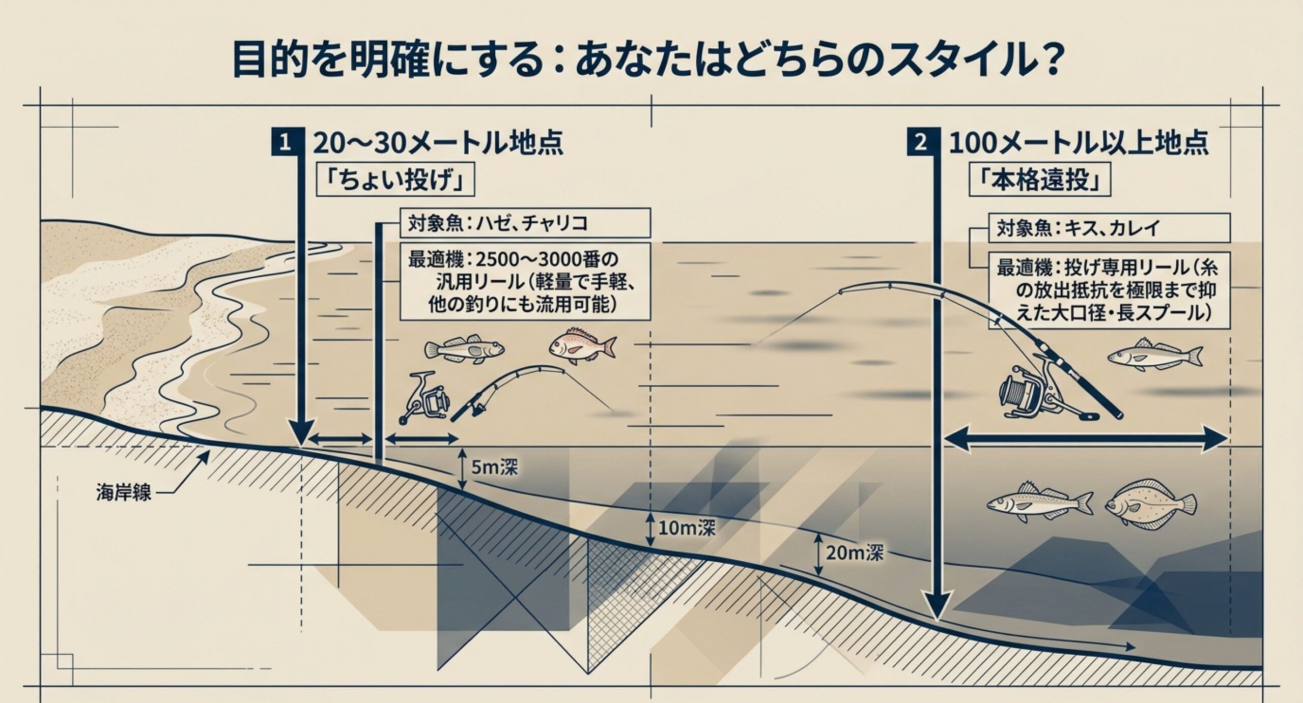 20〜30メートル地点のちょい投げと100メートル以上の本格遠投それぞれの対象魚と最適なリールを海底の断面図で示したスライド