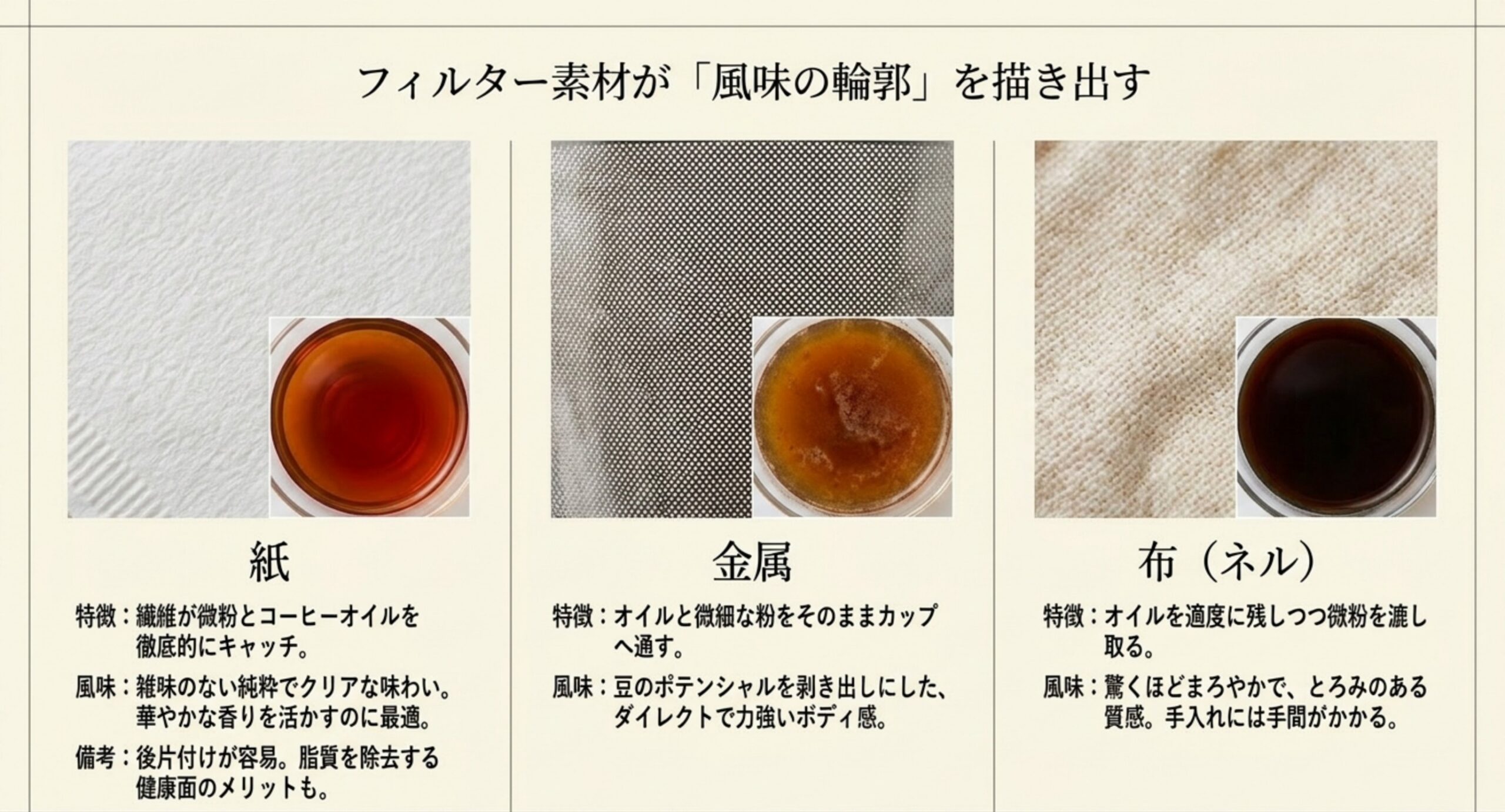 紙フィルター、金属フィルター、布のネルフィルターそれぞれの特徴と風味の違いを抽出液の写真とともに比較したスライド