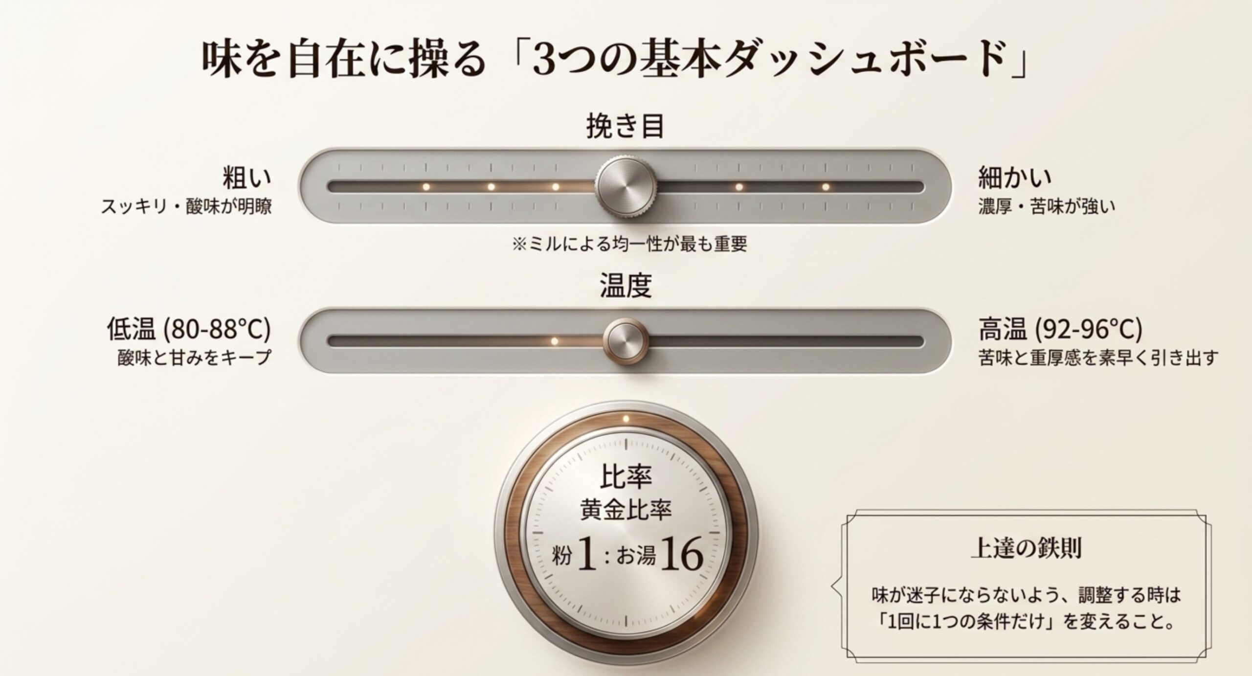 挽き目の粗さ、お湯の温度、粉とお湯の比率という味を決める3つの要素をダイヤルとして示したスライド