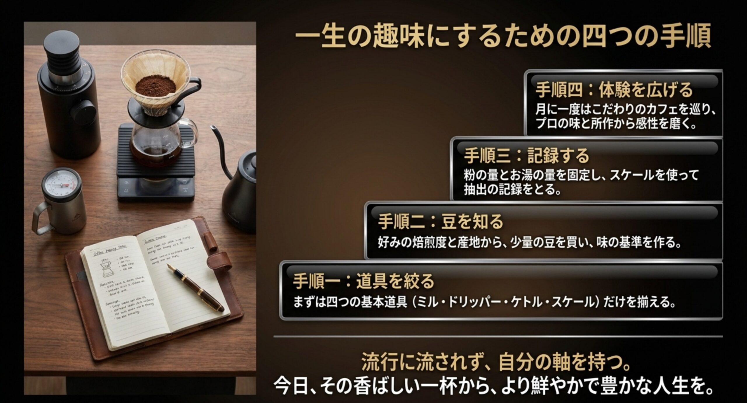 道具を絞る・豆を知る・記録する・体験を広げるという、コーヒーを一生の趣味にするための4つの手順を階段状に示したスライド