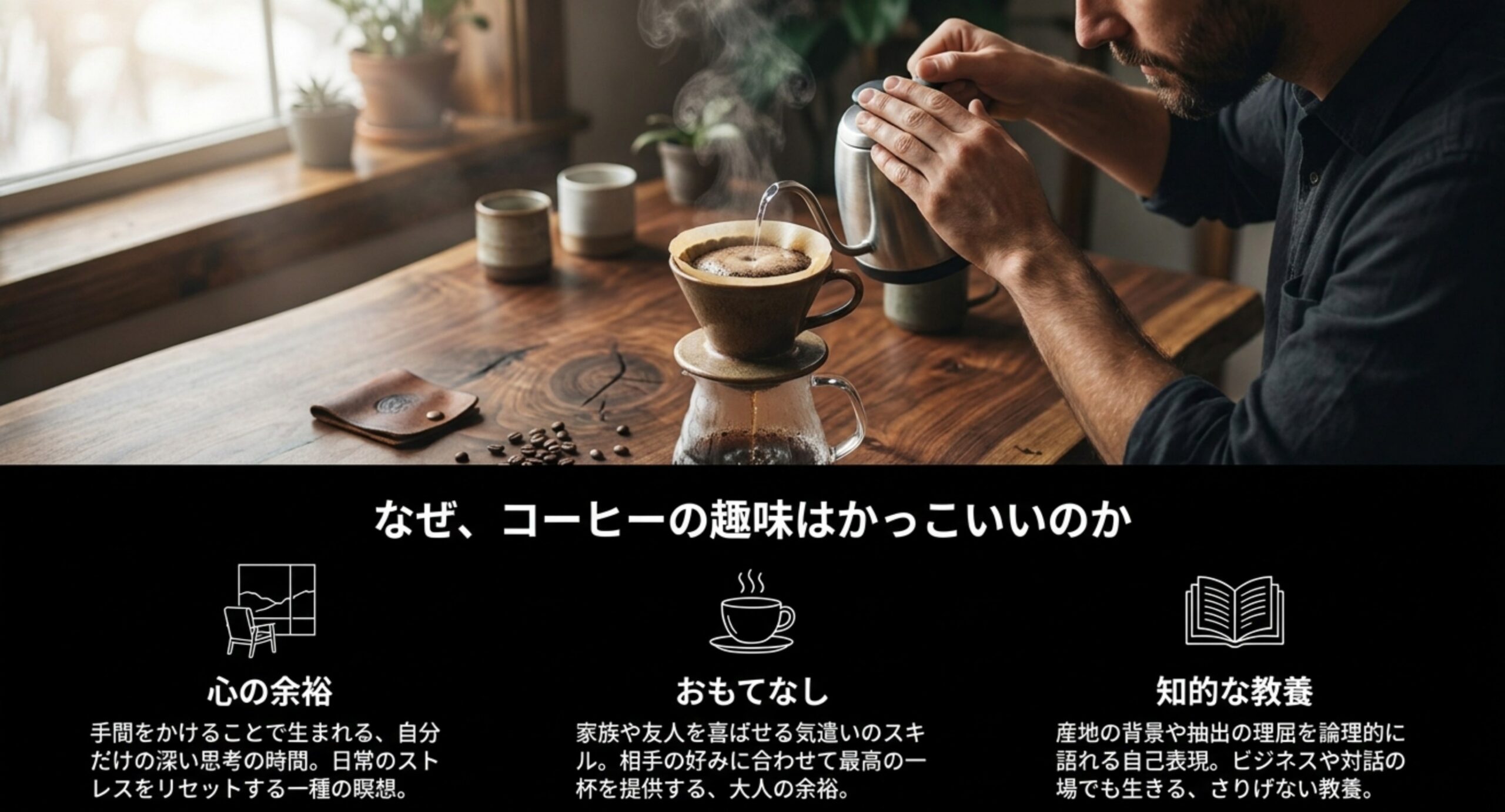 コーヒーの趣味がかっこいいと言われる理由を心の余裕・おもてなし・知的な教養の3つに整理したスライド