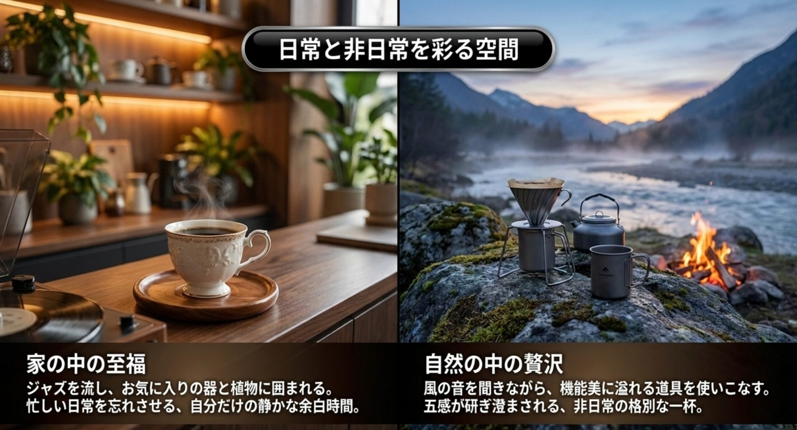 お気に入りの器と植物に囲まれた室内のコーヒー時間と、焚き火のそばで淹れる屋外のコーヒー時間を並べたスライド