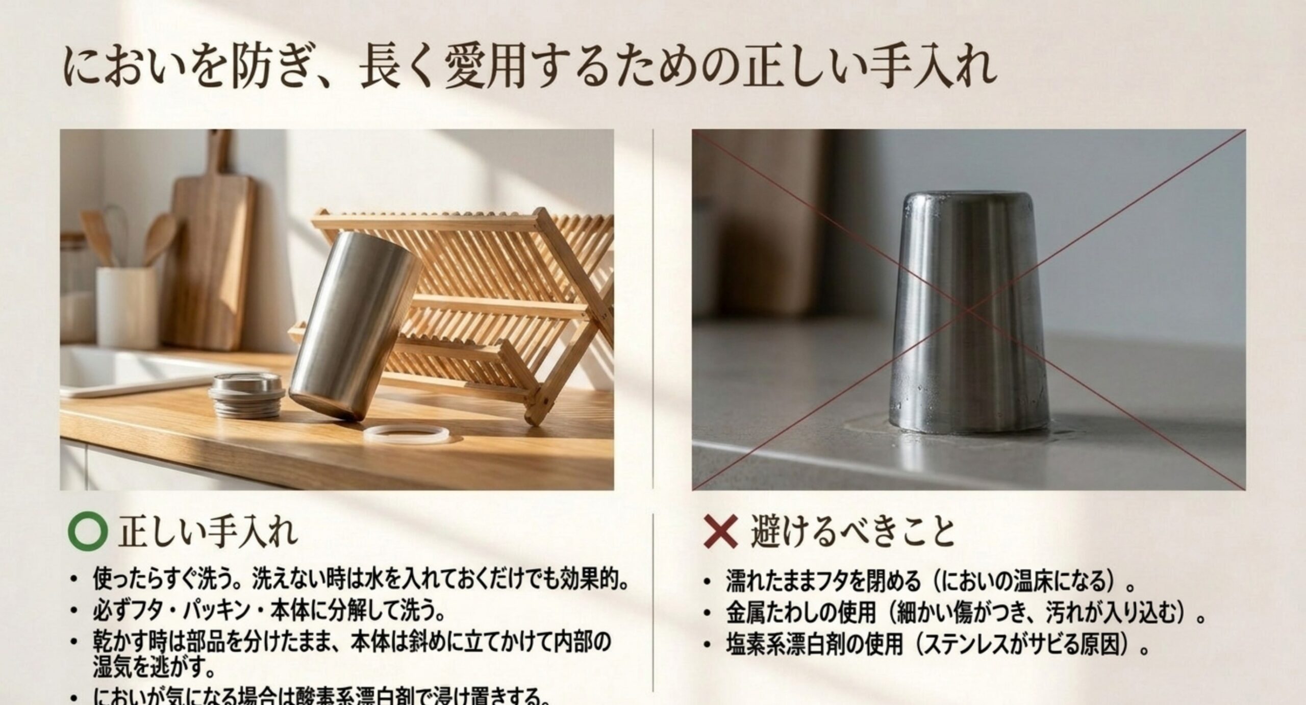 分解して洗い部品を分けたまま乾かす正しい手入れと、濡れたままフタを閉める・金属たわし・塩素系漂白剤という避けるべき行為を対比した図