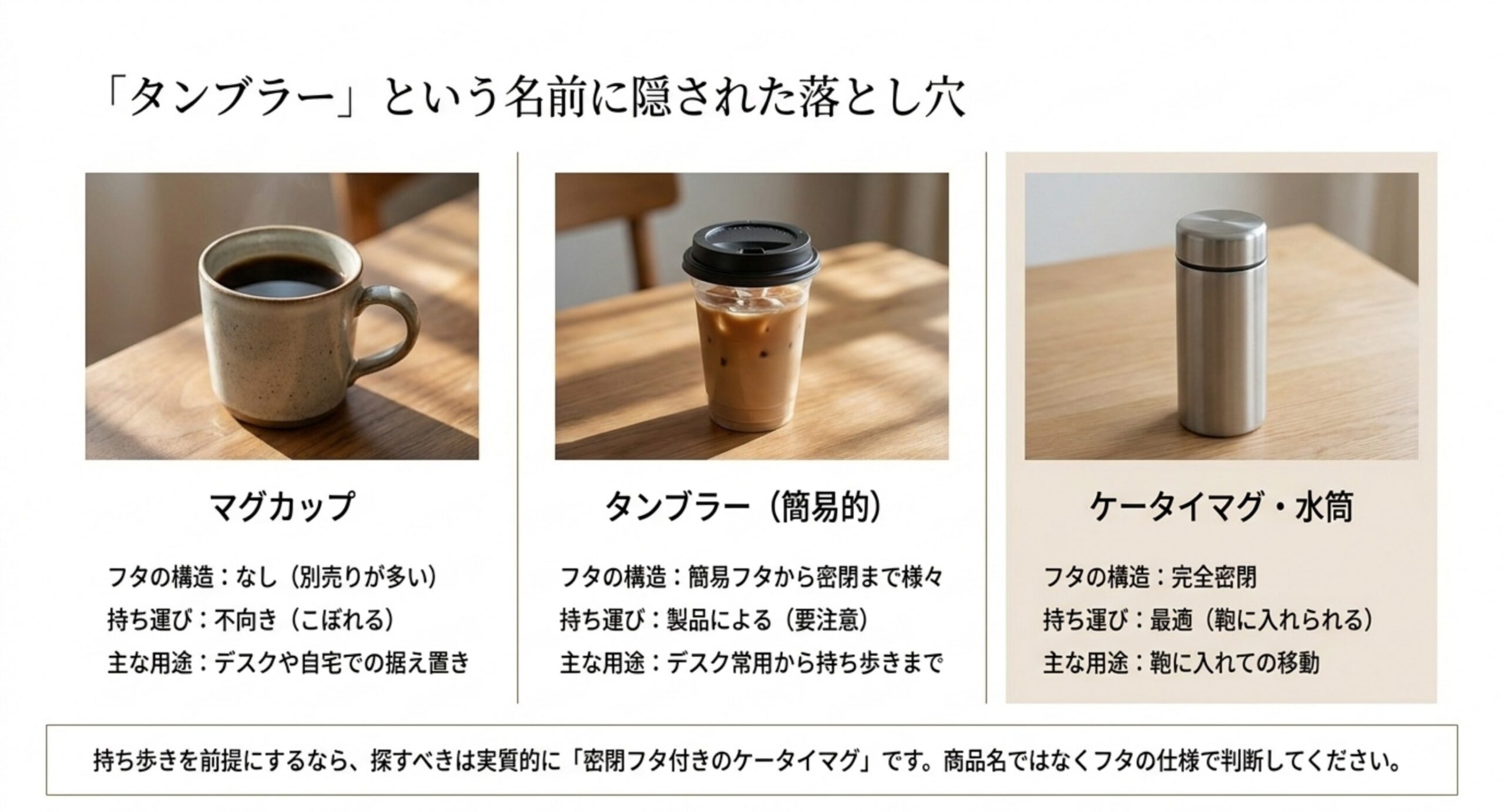 マグカップ、簡易フタのタンブラー、完全密閉のケータイマグについてフタの構造と持ち運び適性、主な用途を並べて比較した図