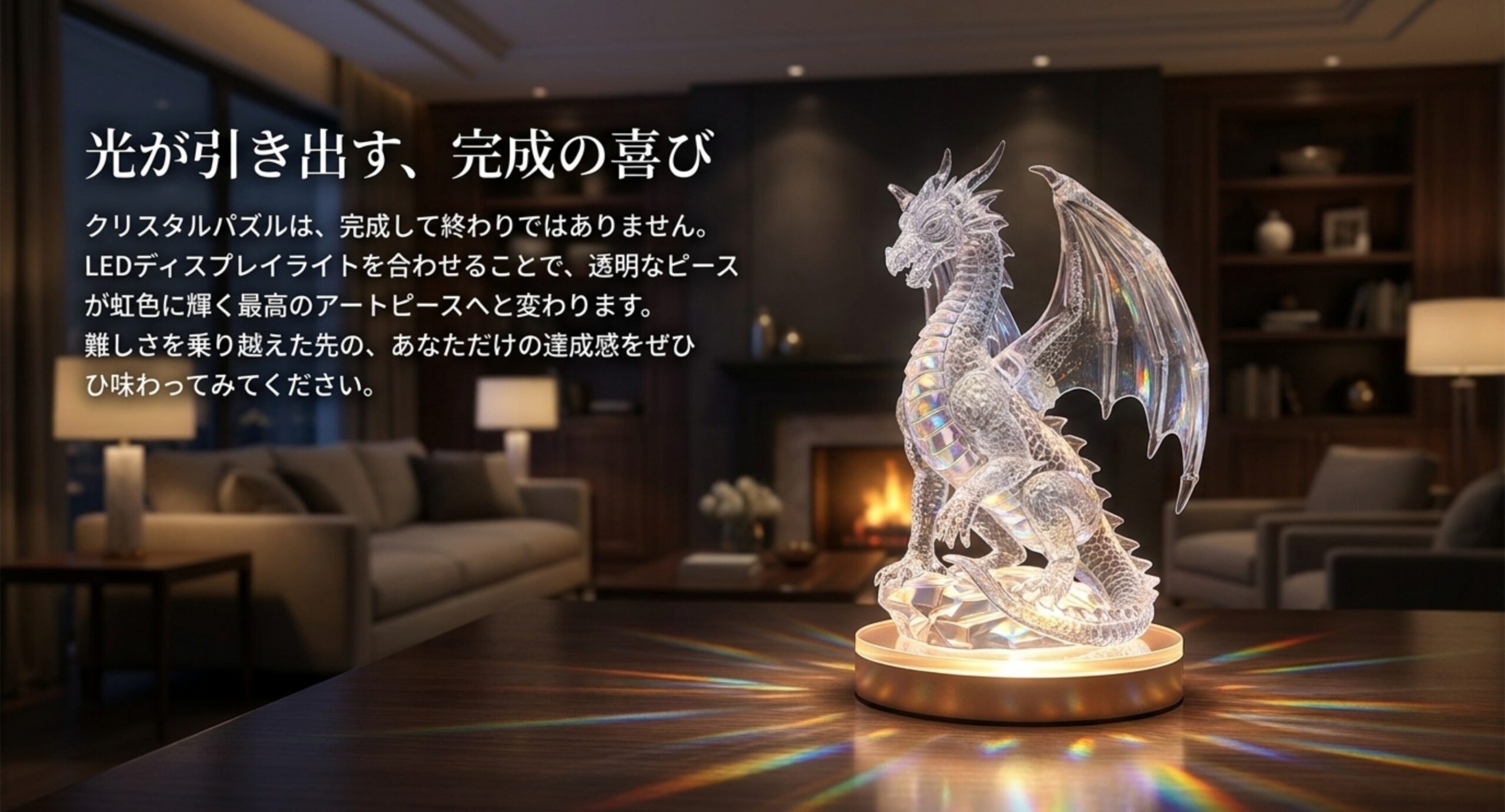 ディスプレイライトの上で虹色に輝くドラゴン型クリスタルパズルの完成品を室内に飾った様子のスライド