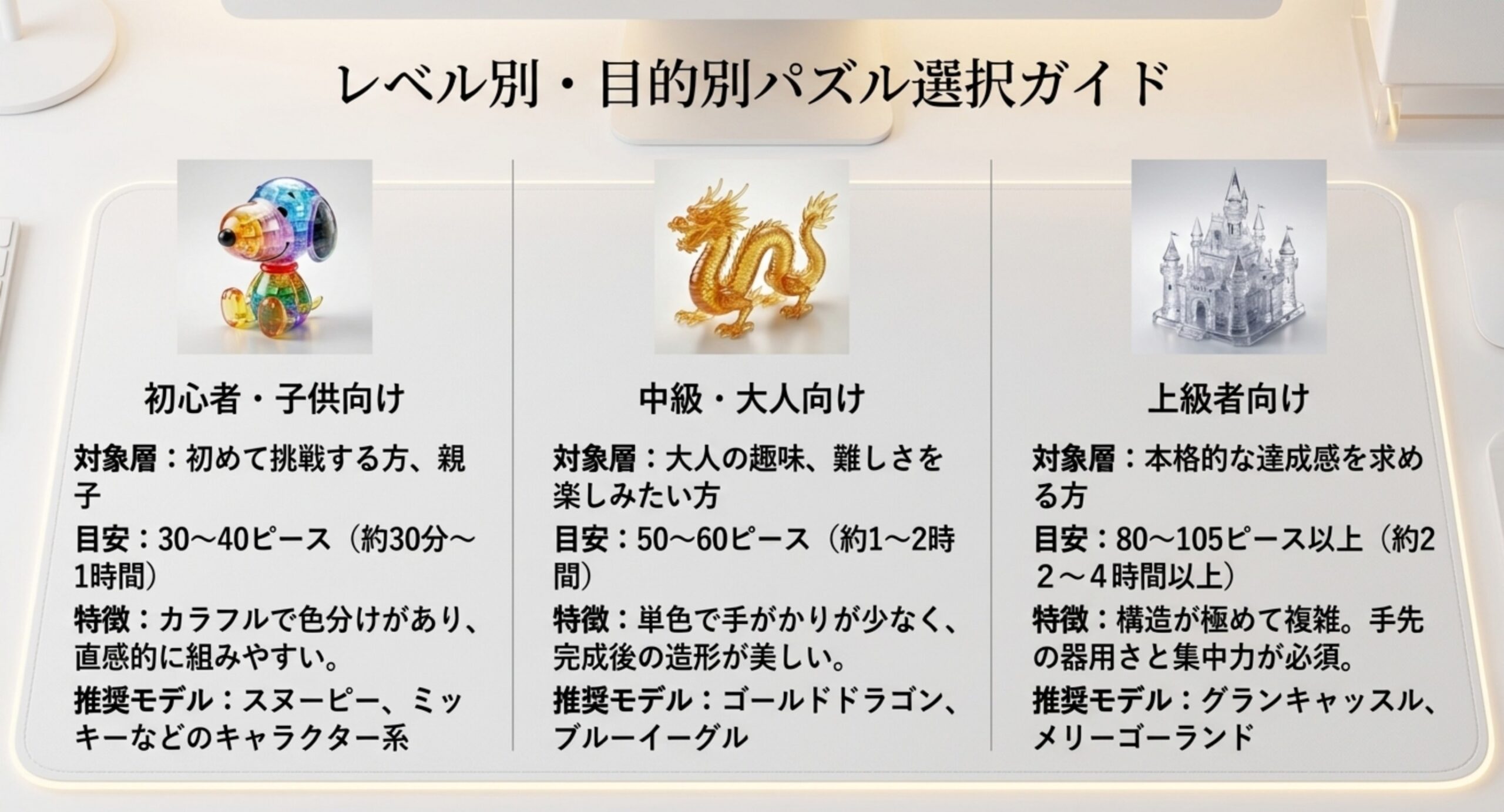 初心者や子供向け、中級の大人向け、上級者向けというレベル別に対象層とピース数、所要時間の目安を並べた選び方のスライド