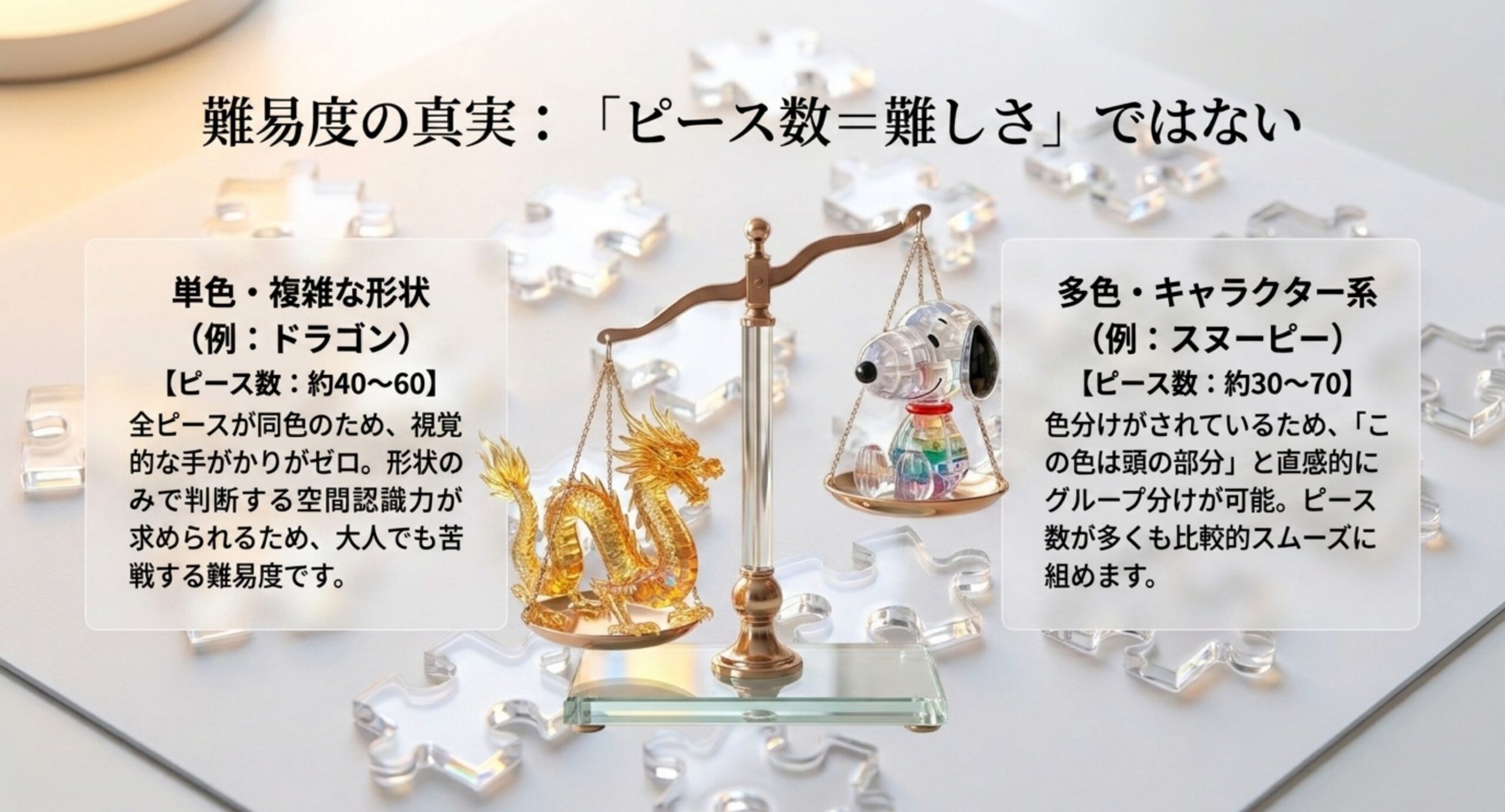ピース数が少ない単色で複雑な形状のモデルと、ピース数が多い多色キャラクター系のモデルを天秤にかけて難易度を比較したスライド