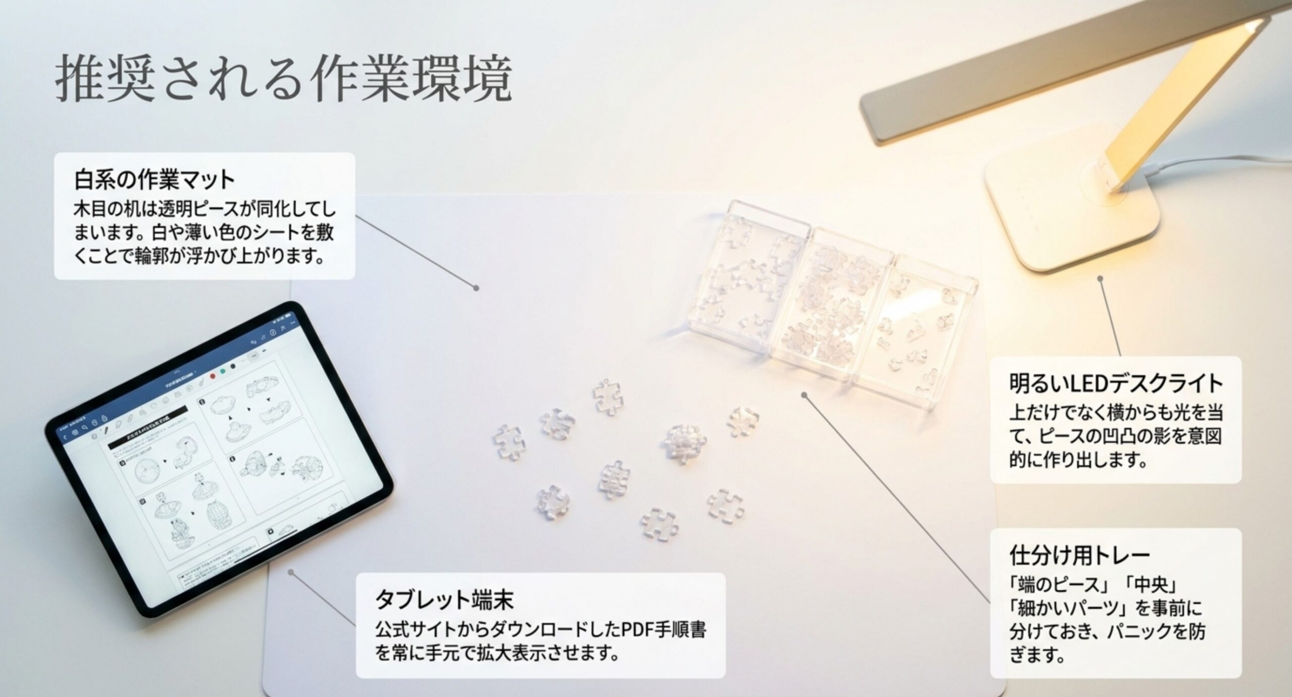 白系の作業マット、明るいLEDデスクライト、仕分け用トレー、解説書を表示したタブレットという作業環境の整え方を示したスライド