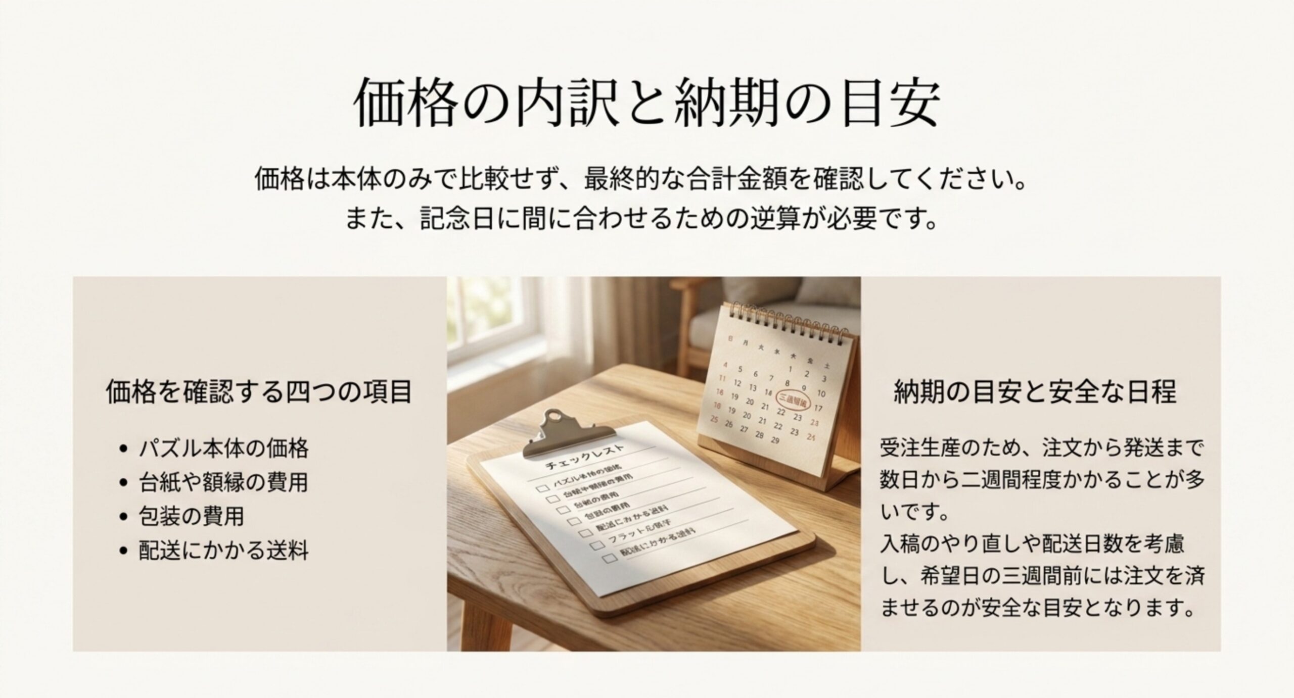 パズル本体・台紙や額縁・包装・送料という4つの費用項目と、受注生産の納期の目安をまとめたスライド