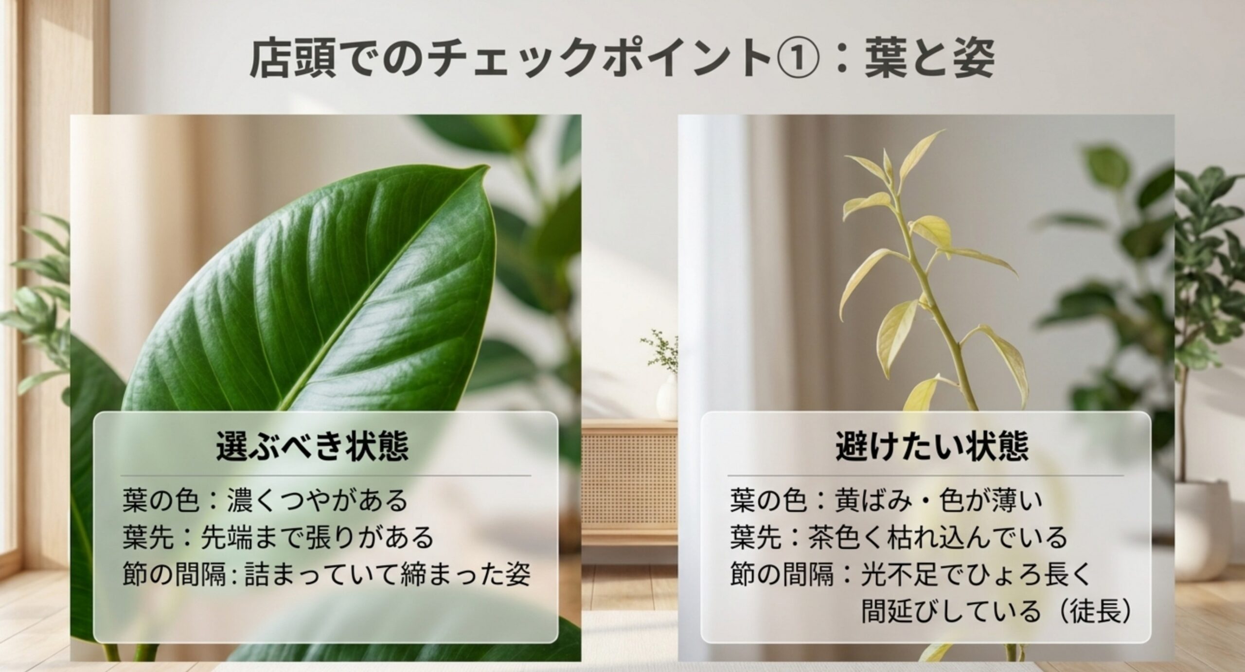選ぶべき葉の状態と避けたい葉の状態を、葉の色・葉先・節の間隔の3項目で左右に対比したスライド