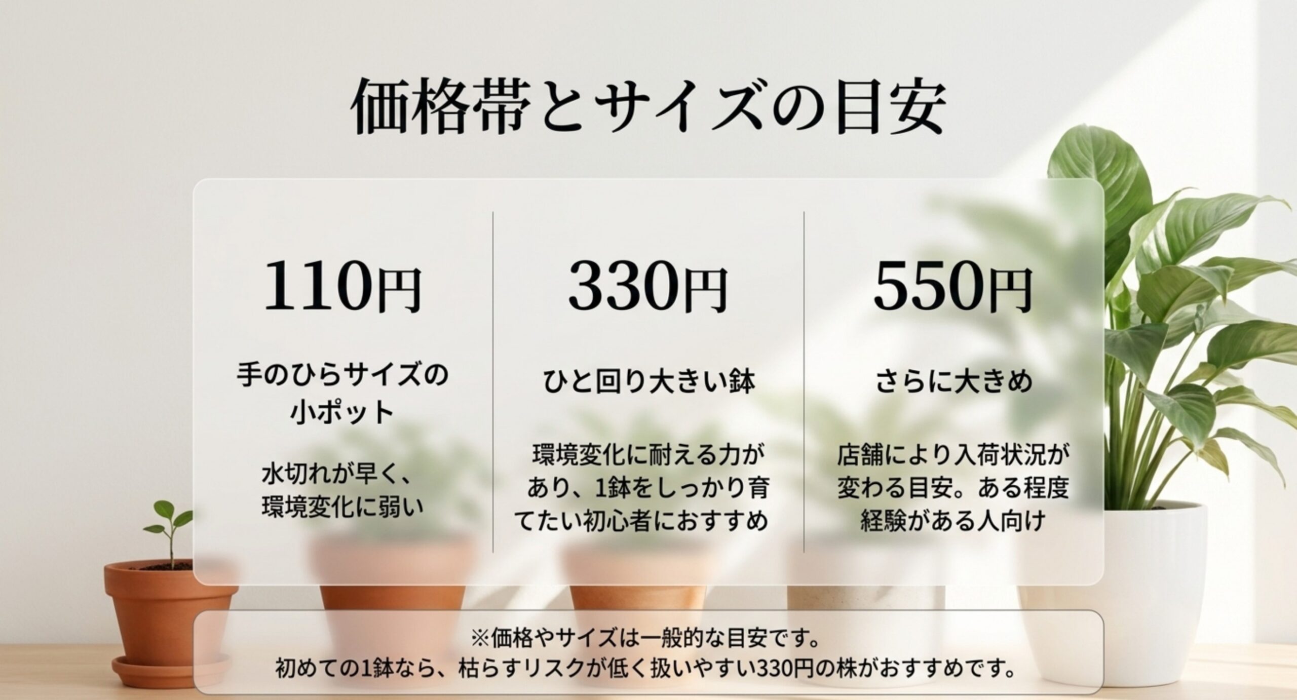 110円・330円・550円の3つの価格帯ごとに、鉢のサイズと向いている人、注意点を比較したスライド