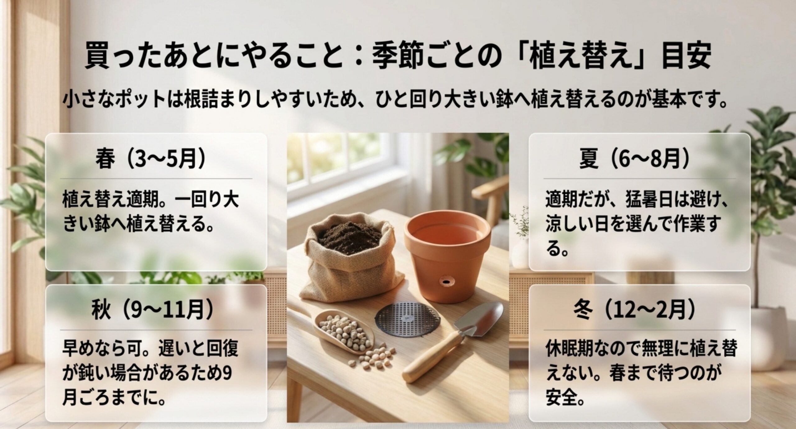 春・夏・秋・冬それぞれに買った場合の植え替えの可否と、やることをまとめたスライド