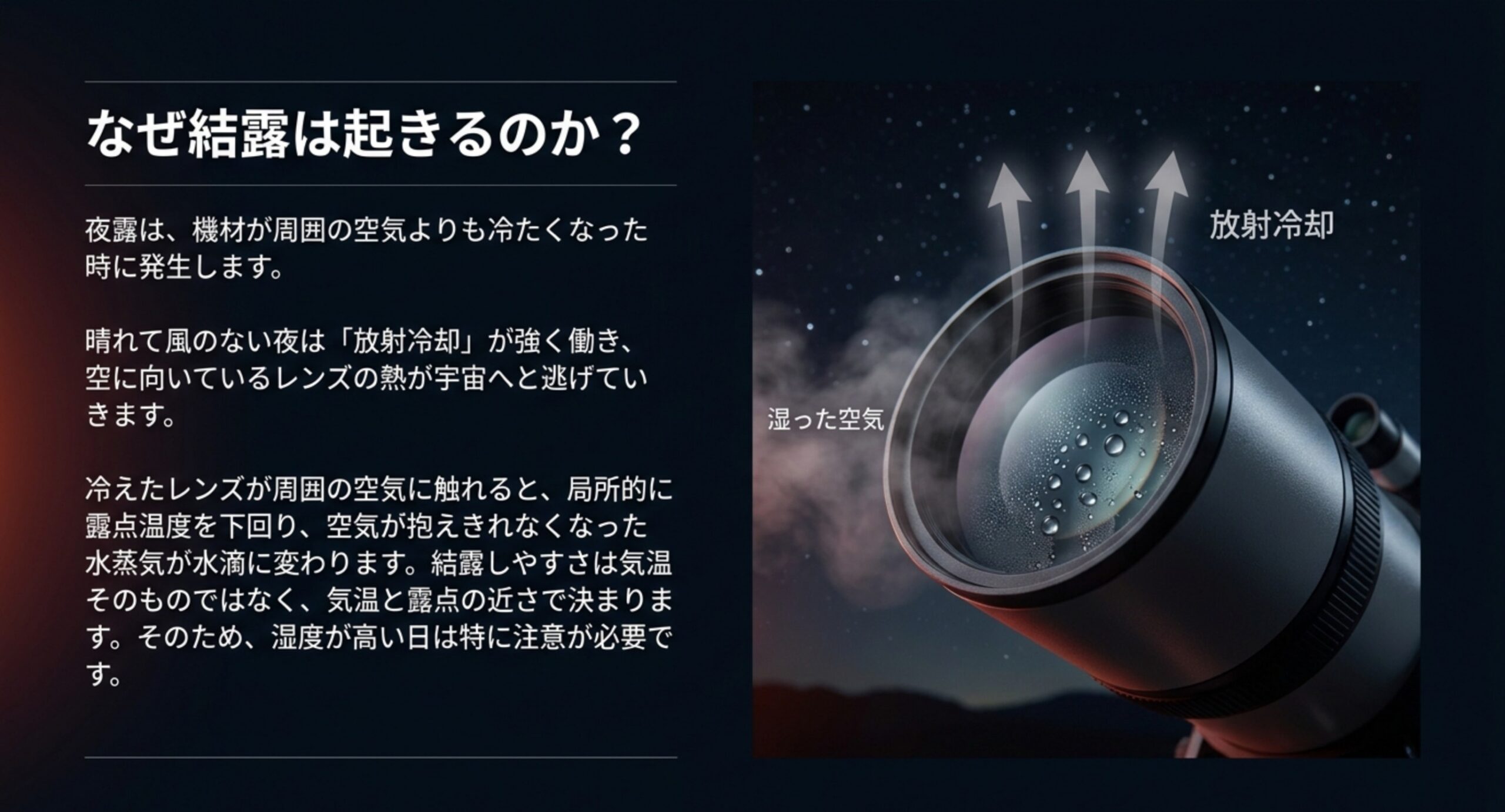 レンズの熱が宇宙へ逃げていく様子と、冷えたレンズ面に水滴が付いた状態を描いた図