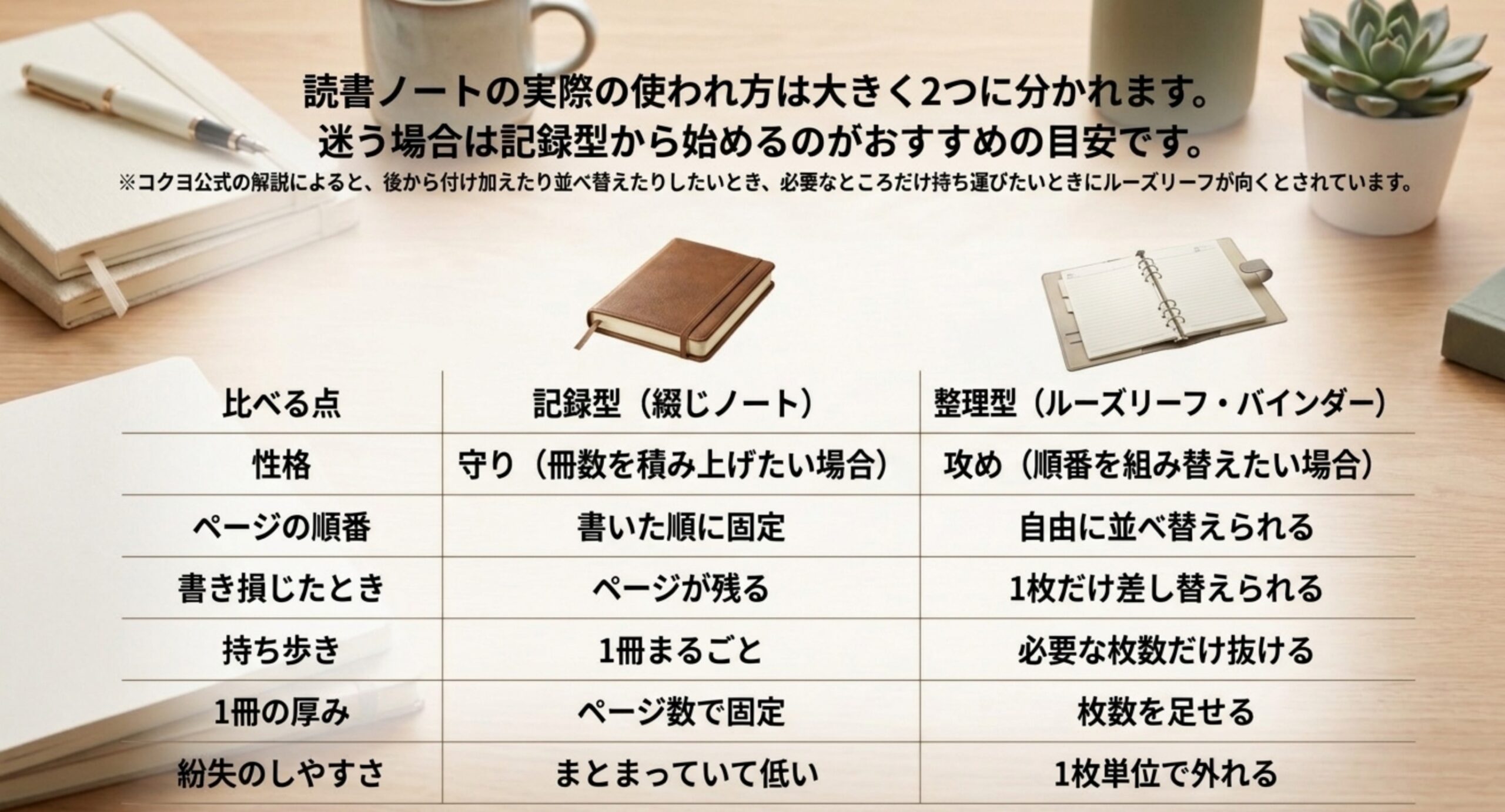 綴じノートとルーズリーフについて、ページの順番・書き損じたとき・持ち歩き・厚み・紛失のしやすさを並べて比較した表のスライド