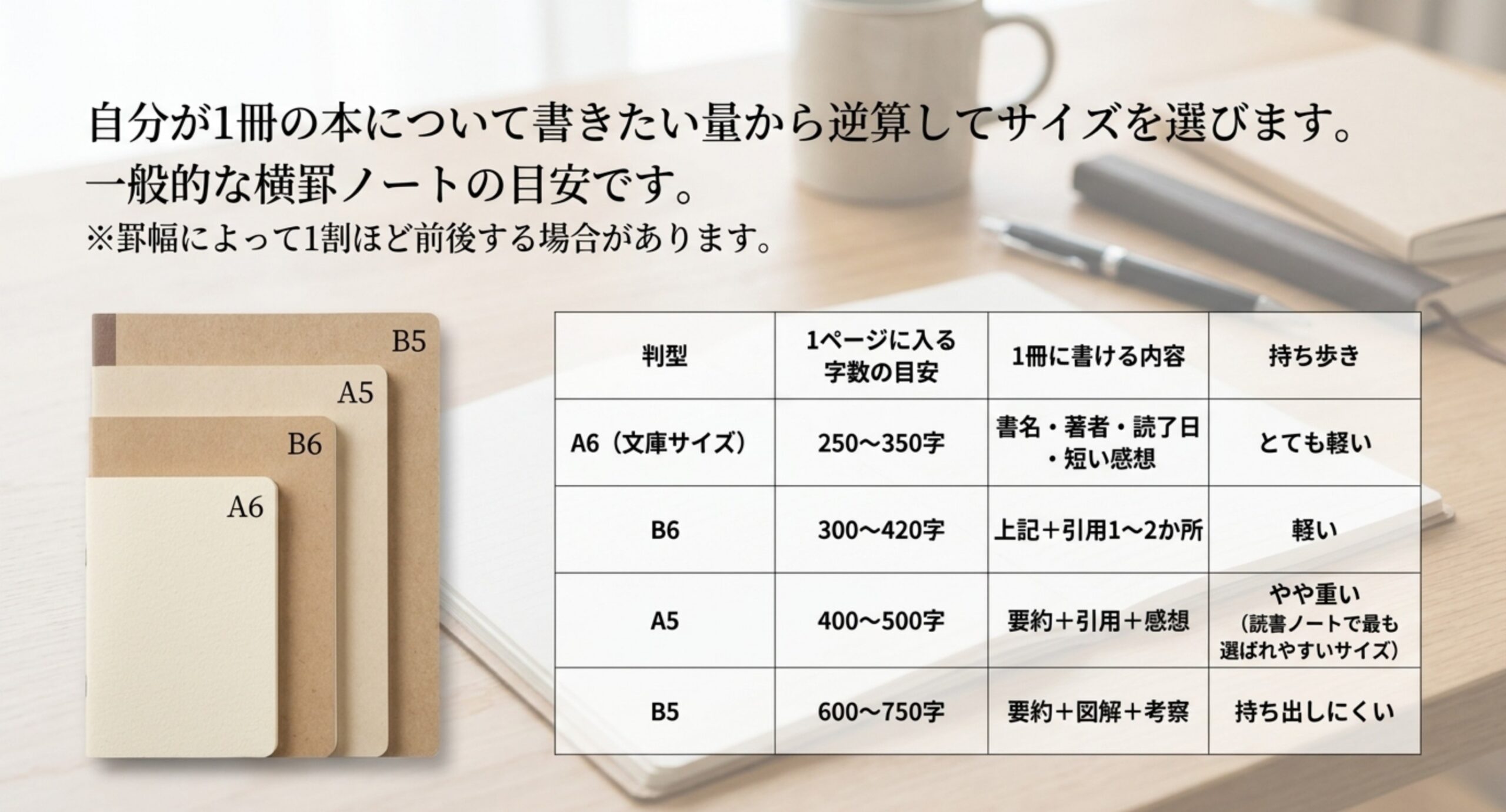 A6・B6・A5・B5の判型ごとに1ページへ入る字数の目安と、1冊に書ける内容、持ち歩きやすさを並べた比較表のスライド