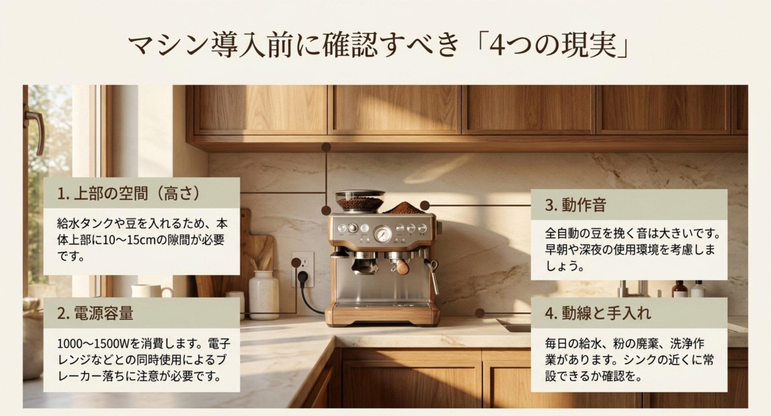 上部の空間、電源容量、動作音、給水と手入れの動線というエスプレッソマシン設置前の確認事項4点を示した図