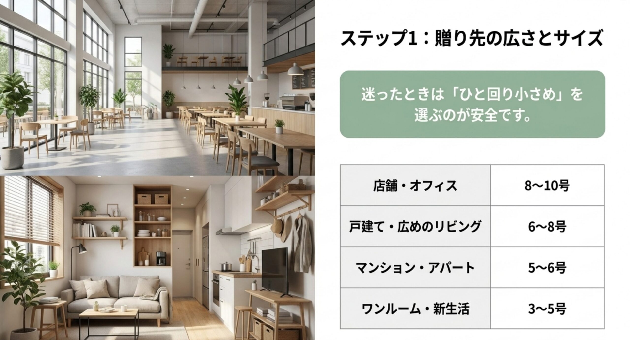 店舗・戸建て・マンション・ワンルームそれぞれに向く鉢の号数をまとめた表と、店舗と住まいの写真を並べたスライド