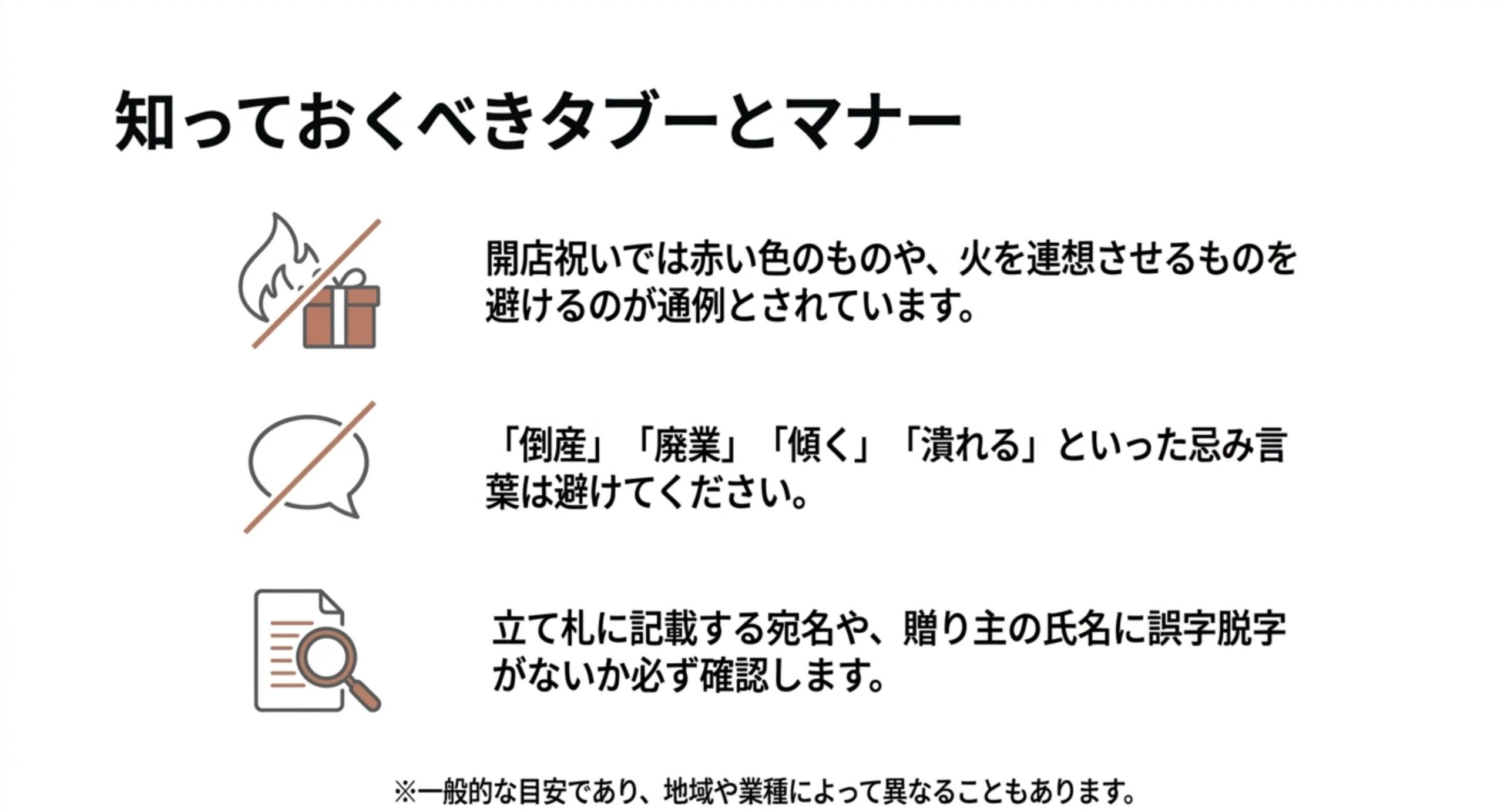 火を連想させるものを避けること、忌み言葉を使わないこと、立て札の誤字脱字を確認することの3点をアイコンつきで示したスライド