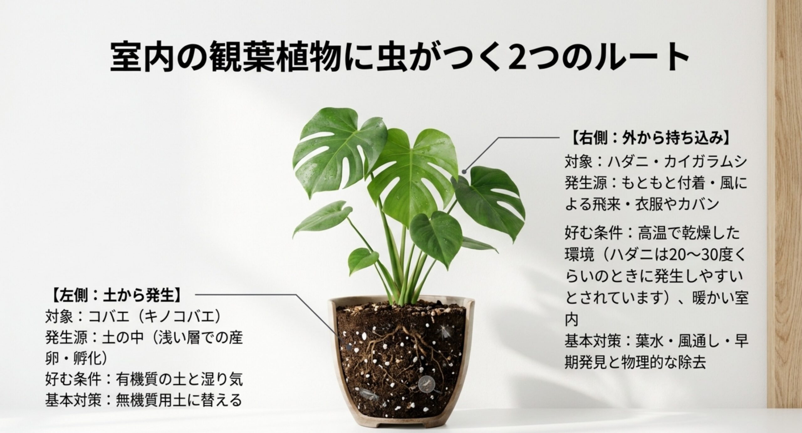 鉢植えの断面を中心に、土から発生するコバエと外から持ち込まれるハダニ・カイガラムシについて発生源・好む条件・基本対策を左右に並べた図解スライド
