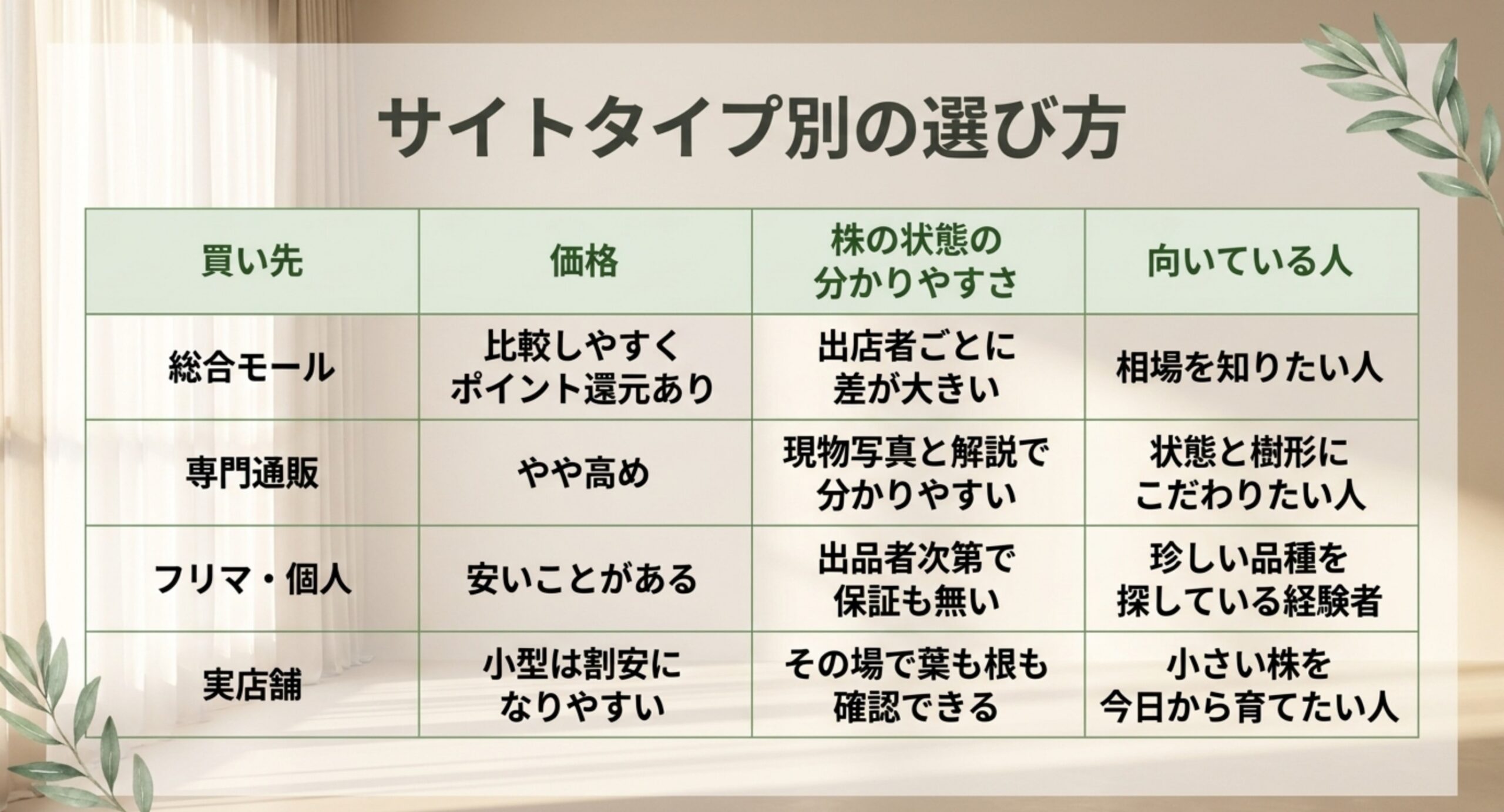 総合モール・専門通販・フリマ個人出品・実店舗の4つを、価格と株の状態の分かりやすさ、向いている人で比較した表のスライド