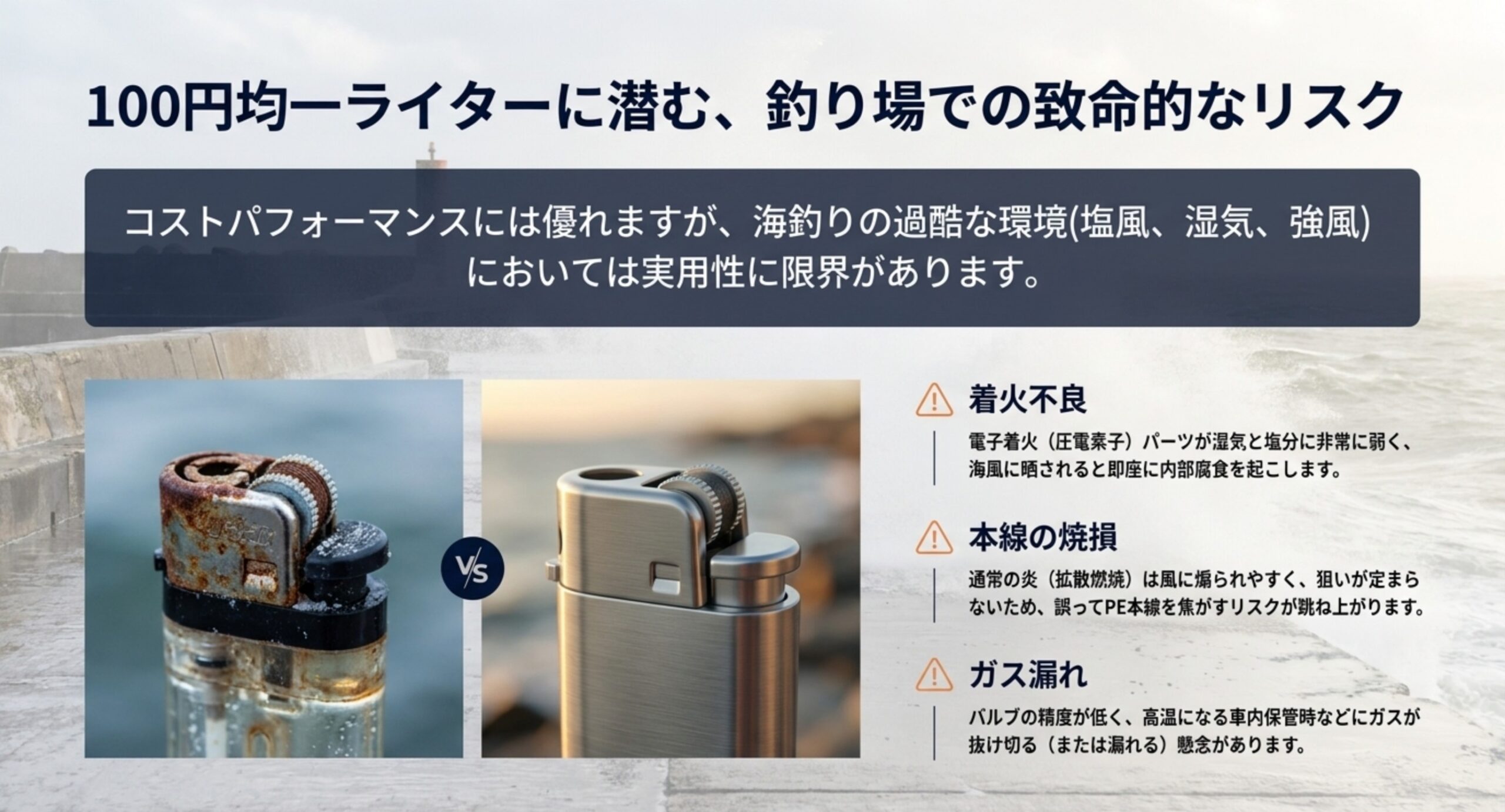 海釣りで100円均一ライターに起きる着火不良、本線の焼損、ガス漏れという3つのリスクを錆びたライターの写真とともに示したスライド