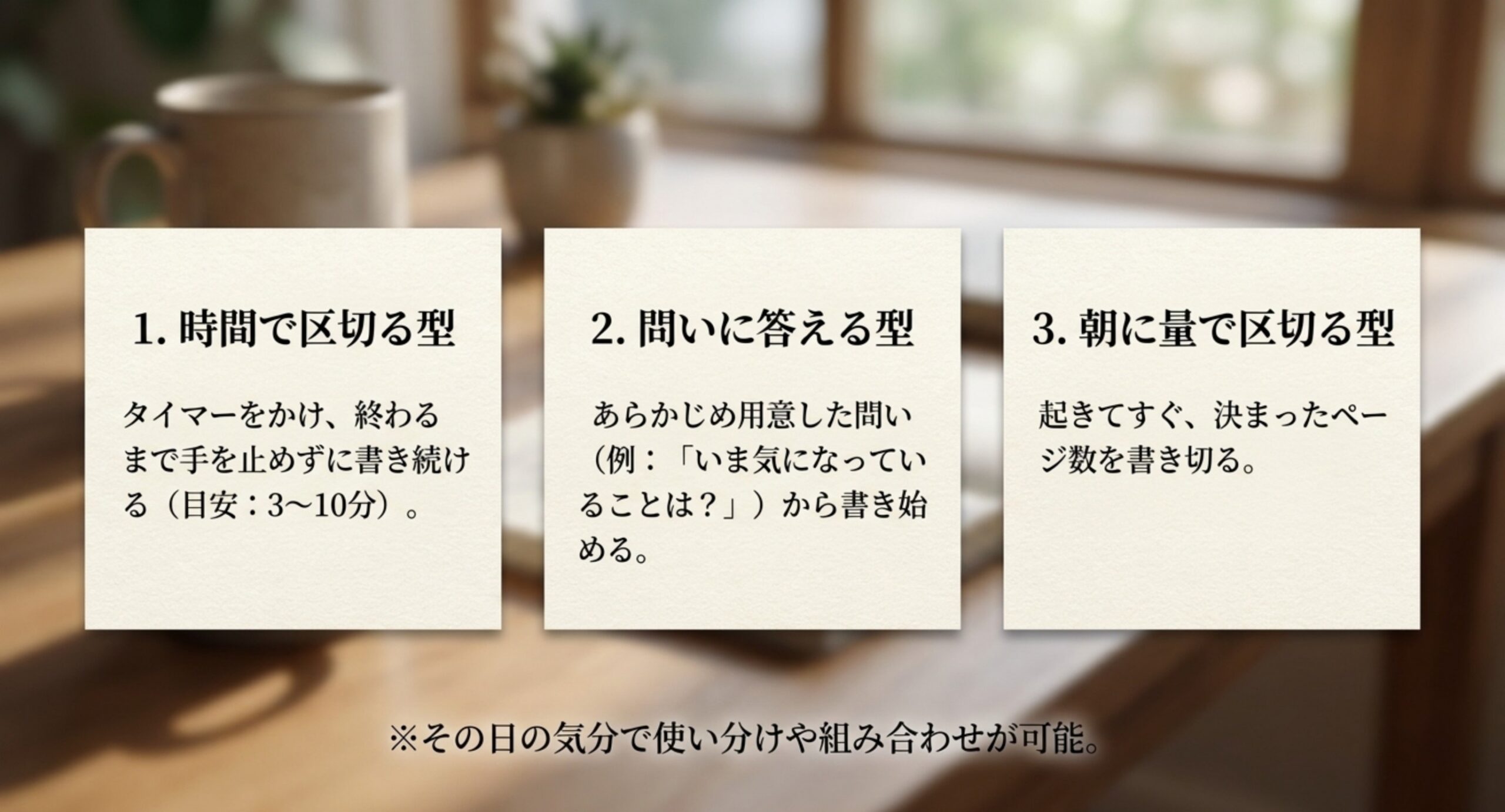 ジャーナリングの3つの型として、時間で区切る型・問いに答える型・朝に量で区切る型をそれぞれの始め方とともに並べたスライド