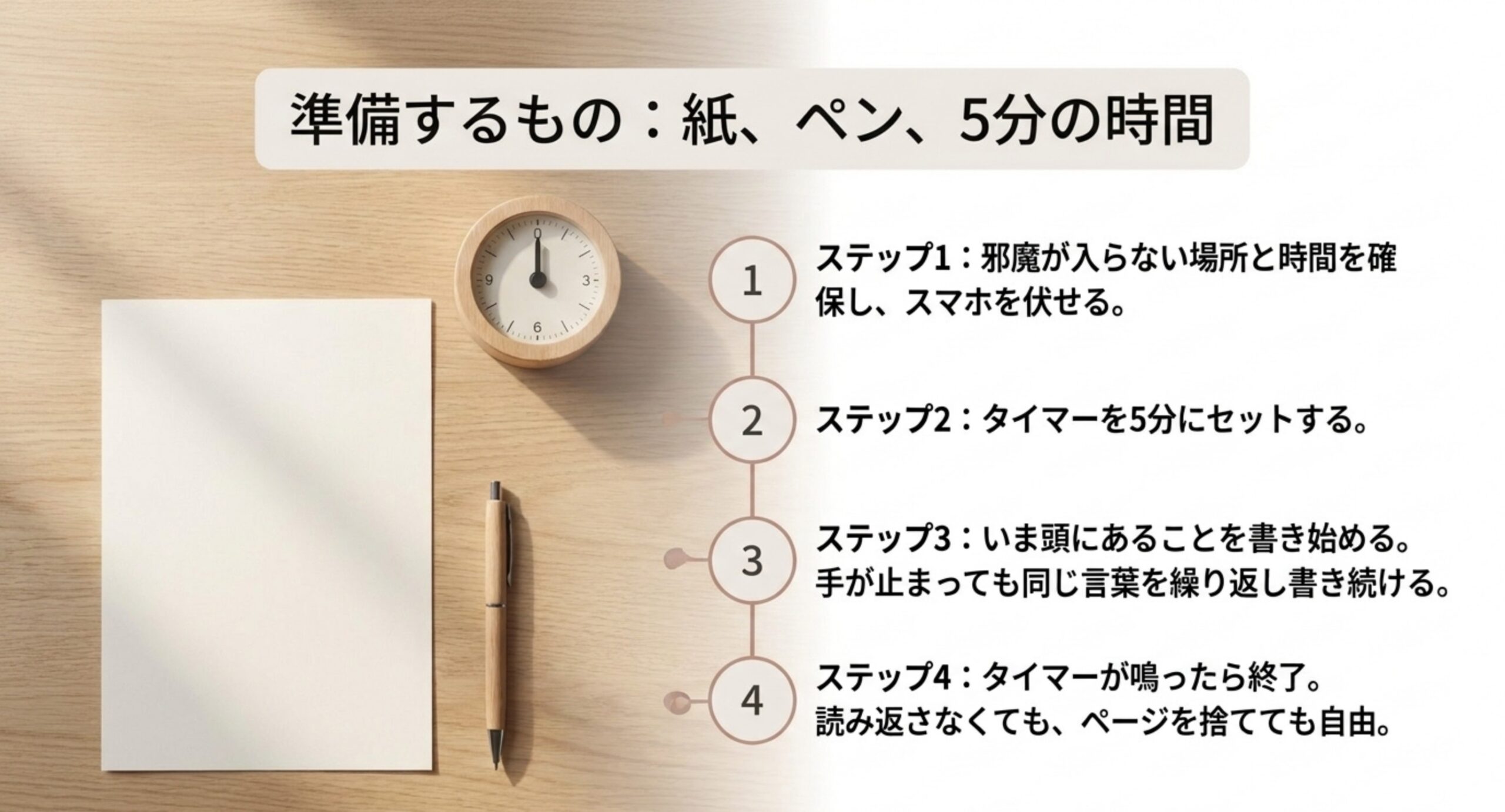 場所と時間の確保、タイマーを5分にセット、いま頭にあることから書き始める、鳴ったら終了という4つの手順を番号付きで並べたスライド