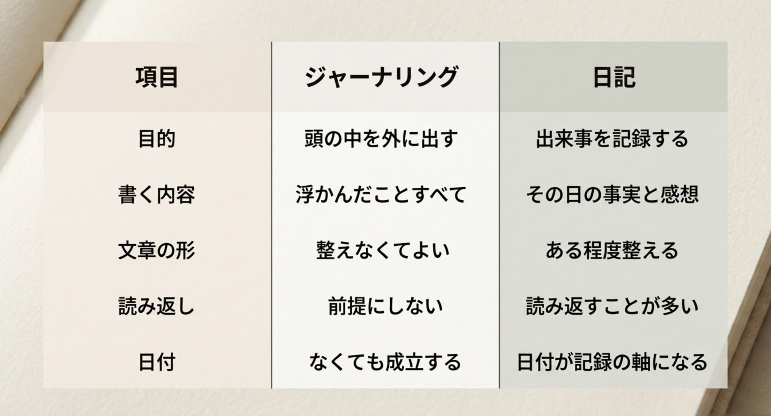 目的・書く内容・文章の形・読み返し・日付の扱いという項目で、ジャーナリングと日記の違いを並べて比較した表のスライド