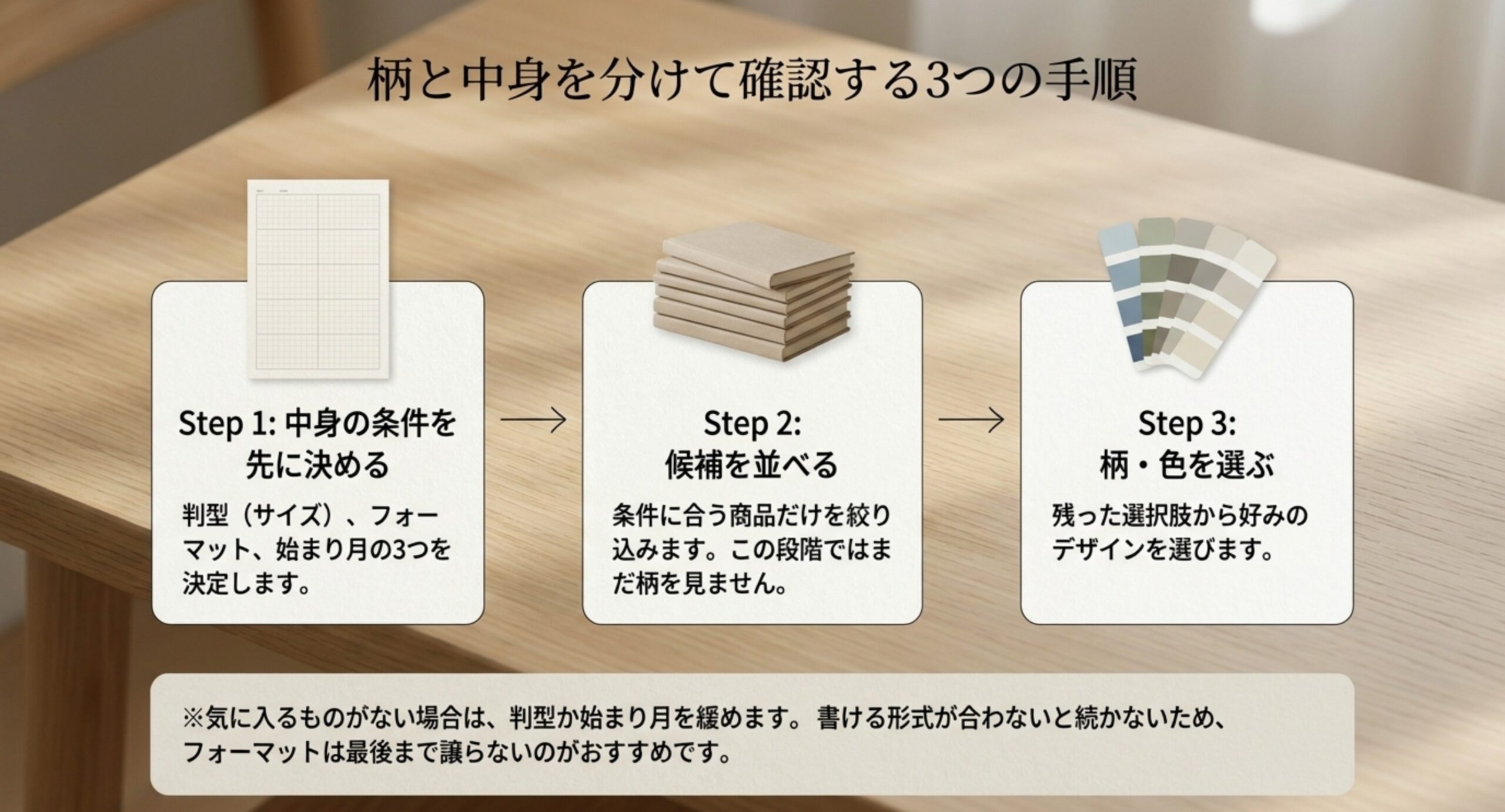 中身の条件を先に決める・条件に合う候補を並べる・最後に柄と色を選ぶという3つの手順を左から順に並べた図解スライド