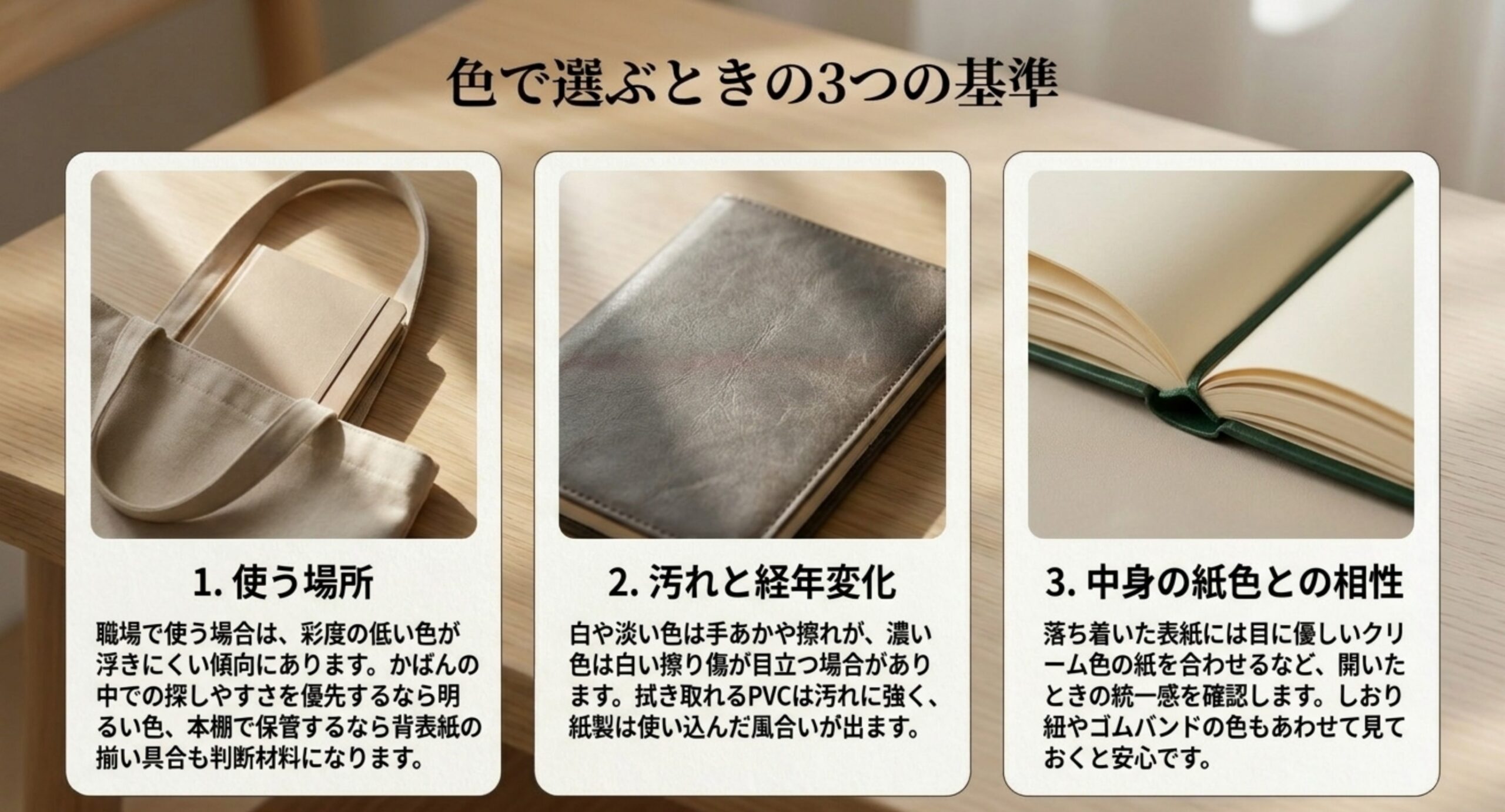 使う場所・汚れと経年変化・中身の紙色との相性という3つの判断基準を、かばんや革表紙、開いたノートの写真とともに説明したスライド