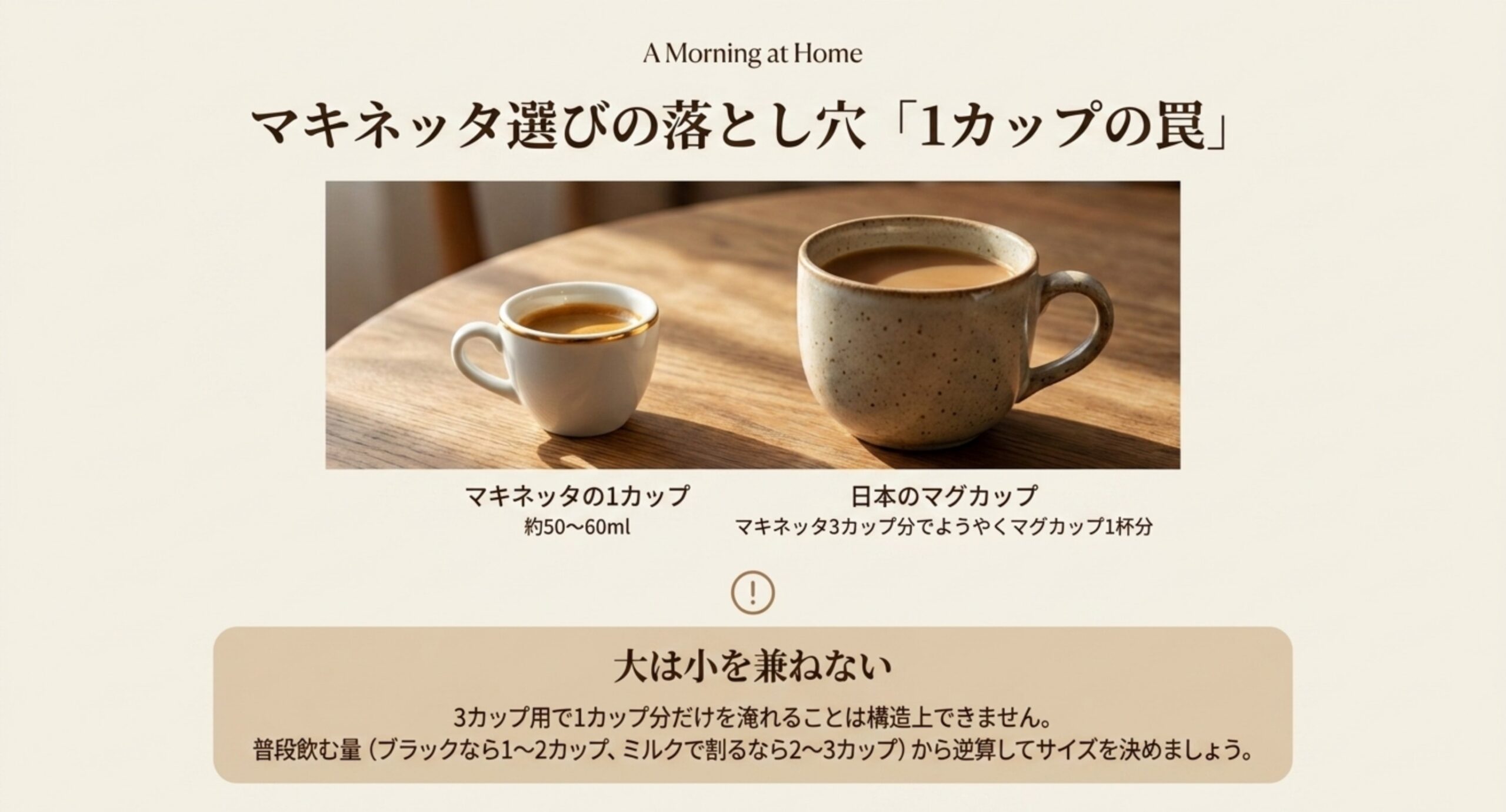 マキネッタの1カップ約50〜60mlと日本のマグカップを並べ、3カップでようやくマグカップ1杯分になることを示した図