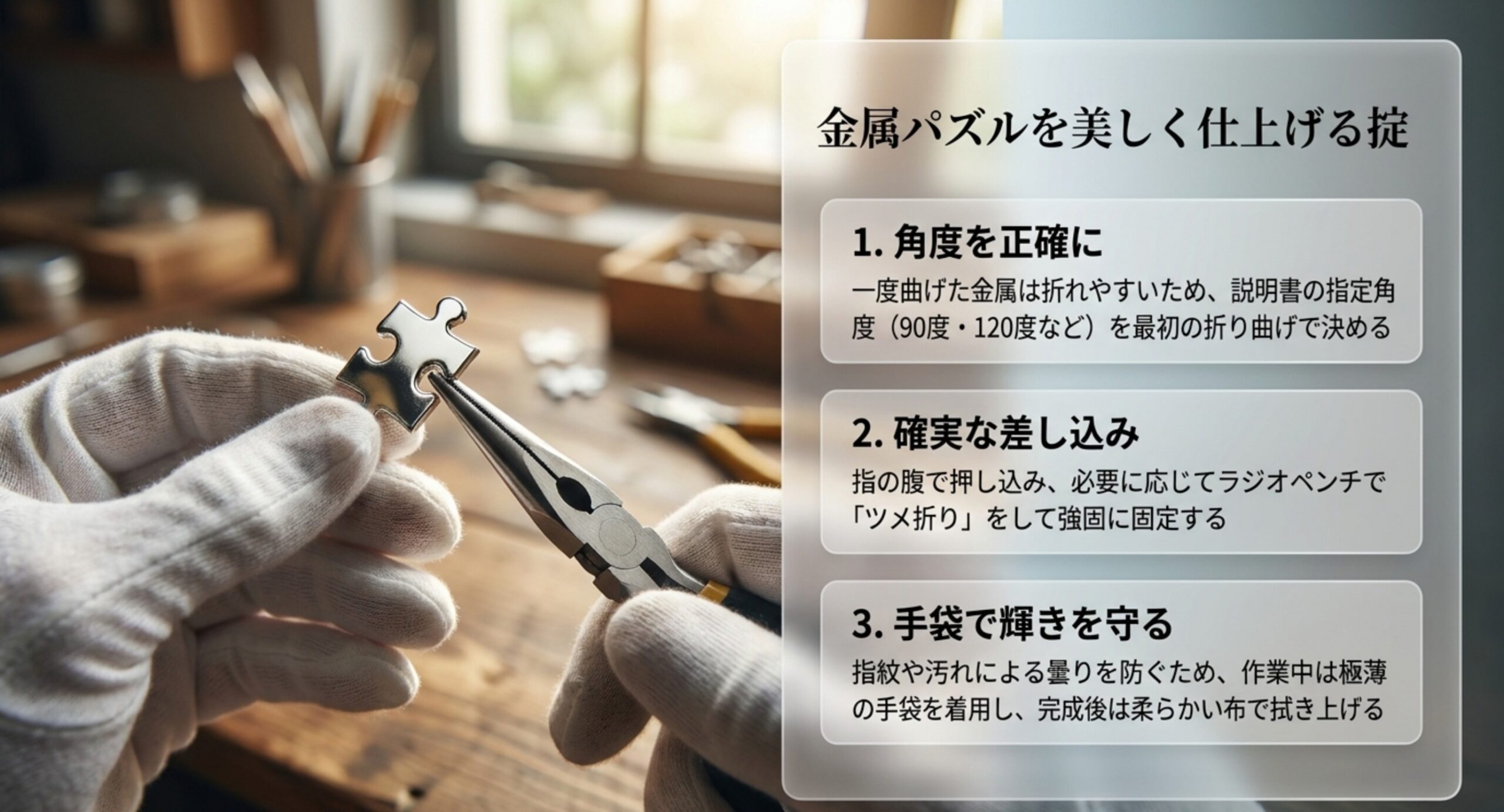 折り曲げ角度を正確に決める、ラジオペンチで確実に差し込む、極薄の手袋で輝きを守るという金属パズルを仕上げる3つのコツを示したスライド