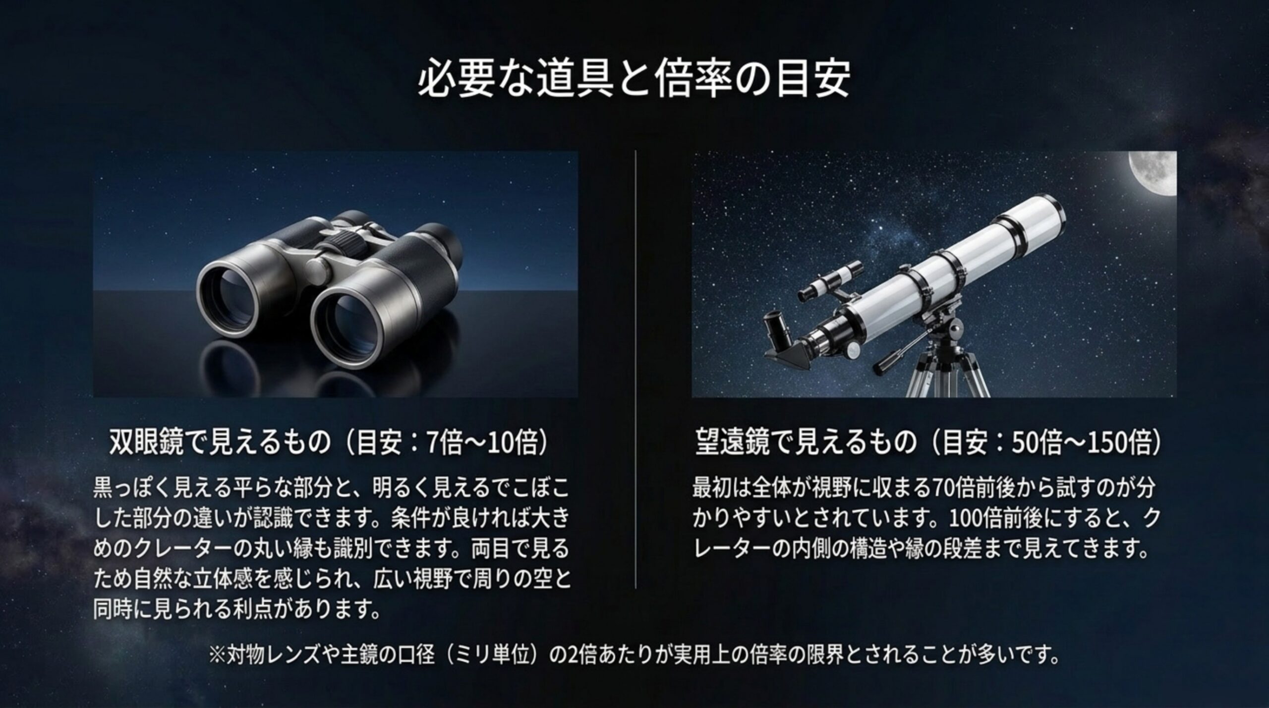 双眼鏡7〜10倍で見える範囲と、望遠鏡50〜150倍で見える範囲を左右に並べて比較したスライド