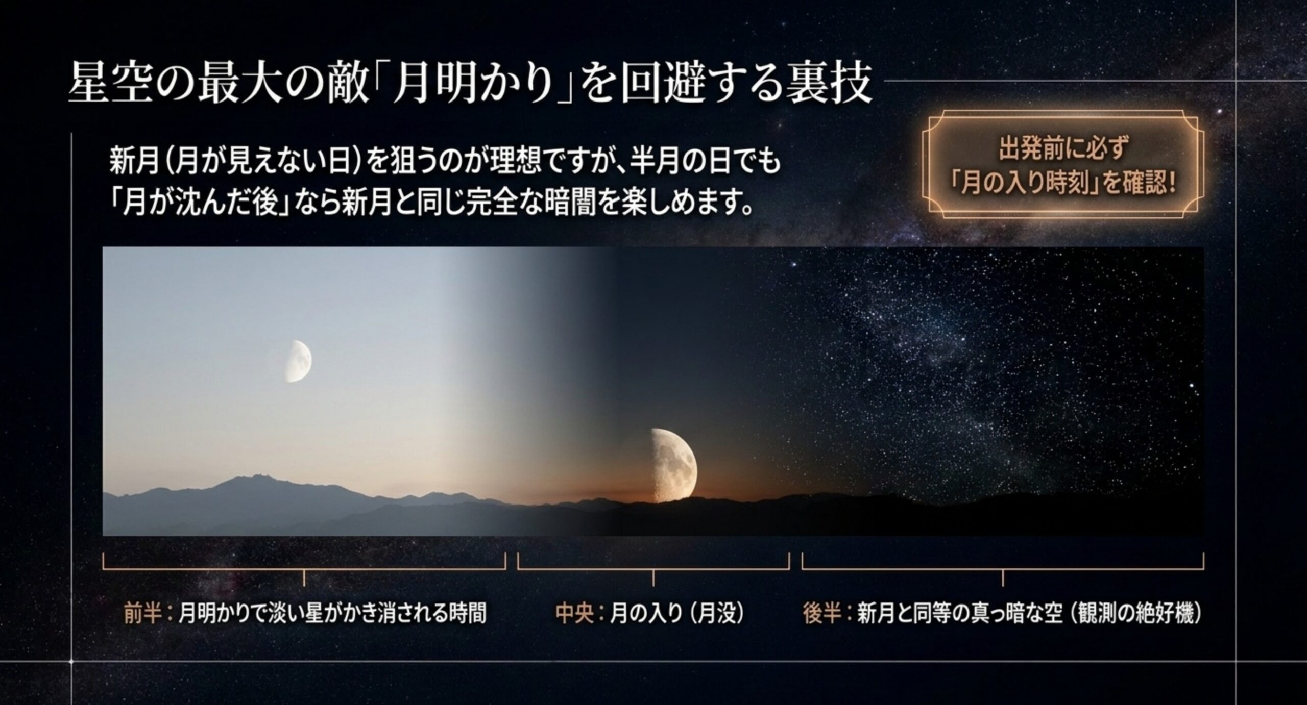 月明かりで星がかき消される時間帯、月の入り、月没後の真っ暗な空という3つの時間帯を横並びで示したスライド