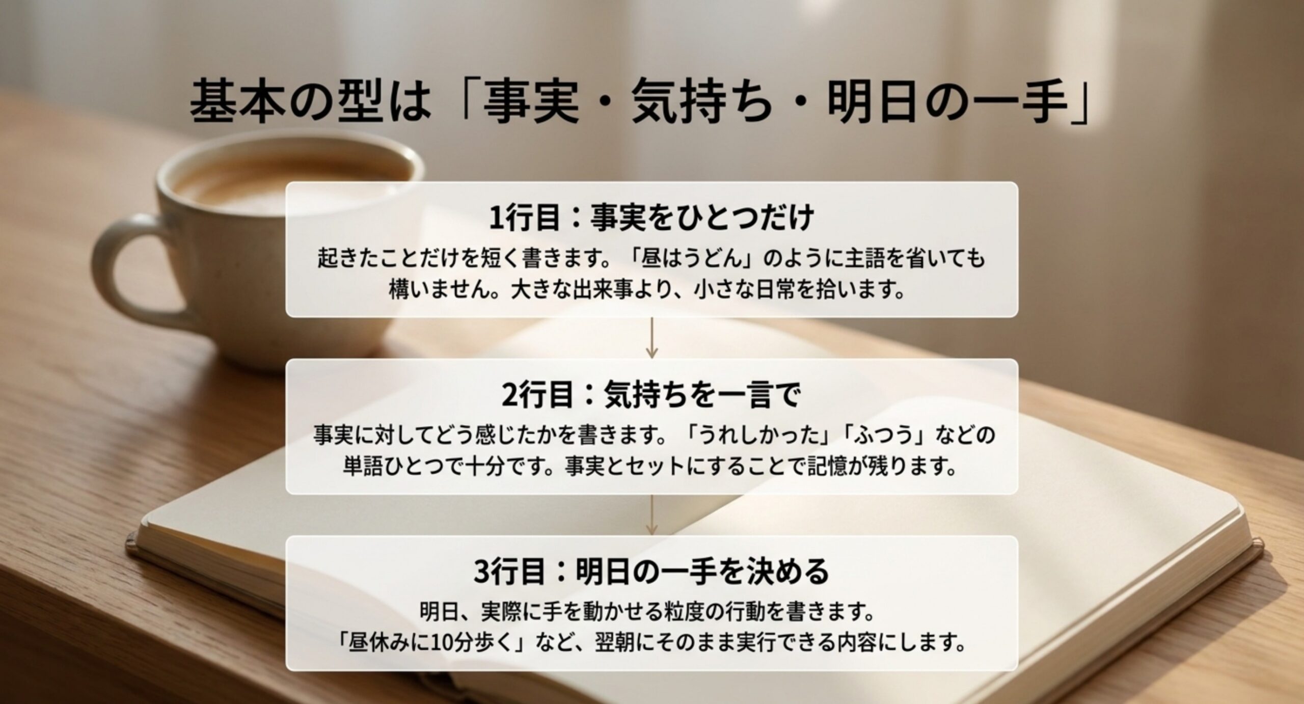 1行目に事実をひとつ、2行目に気持ちを一言、3行目に明日の一手を書くという3行日記の手順を上から順に並べた図解スライド