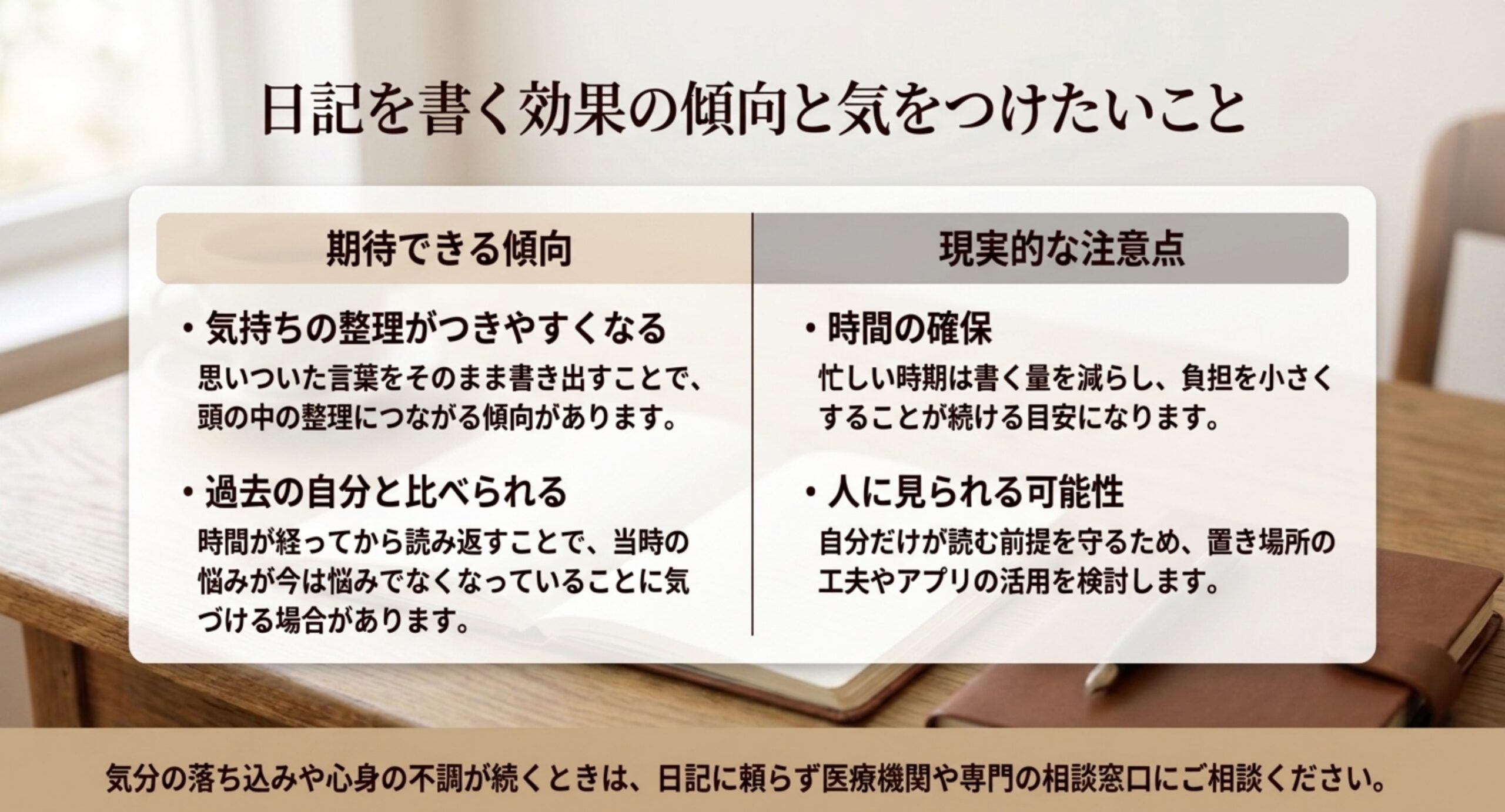 気持ちの整理がつきやすくなる、過去の自分と比べられるという傾向と、時間の確保や人に見られる可能性という注意点を並べたスライド