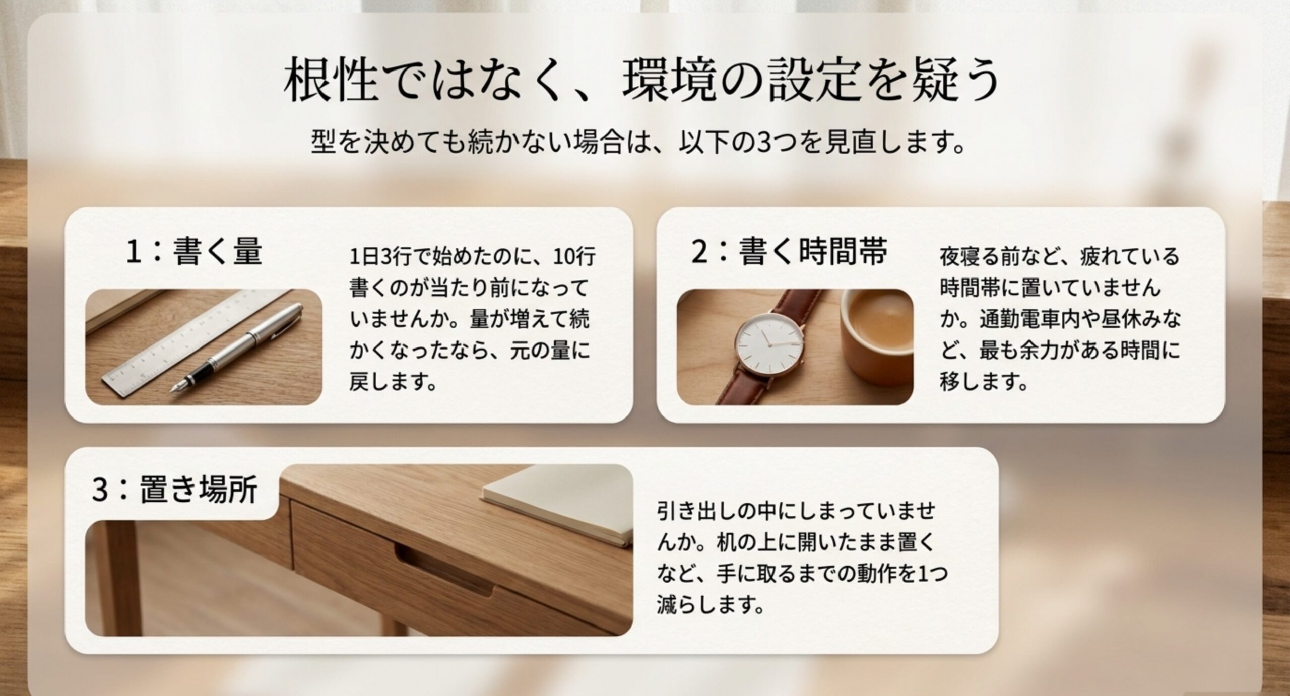 日記が続かないときに見直す3つの設定として、書く量・書く時間帯・置き場所をそれぞれ写真つきで説明したスライド