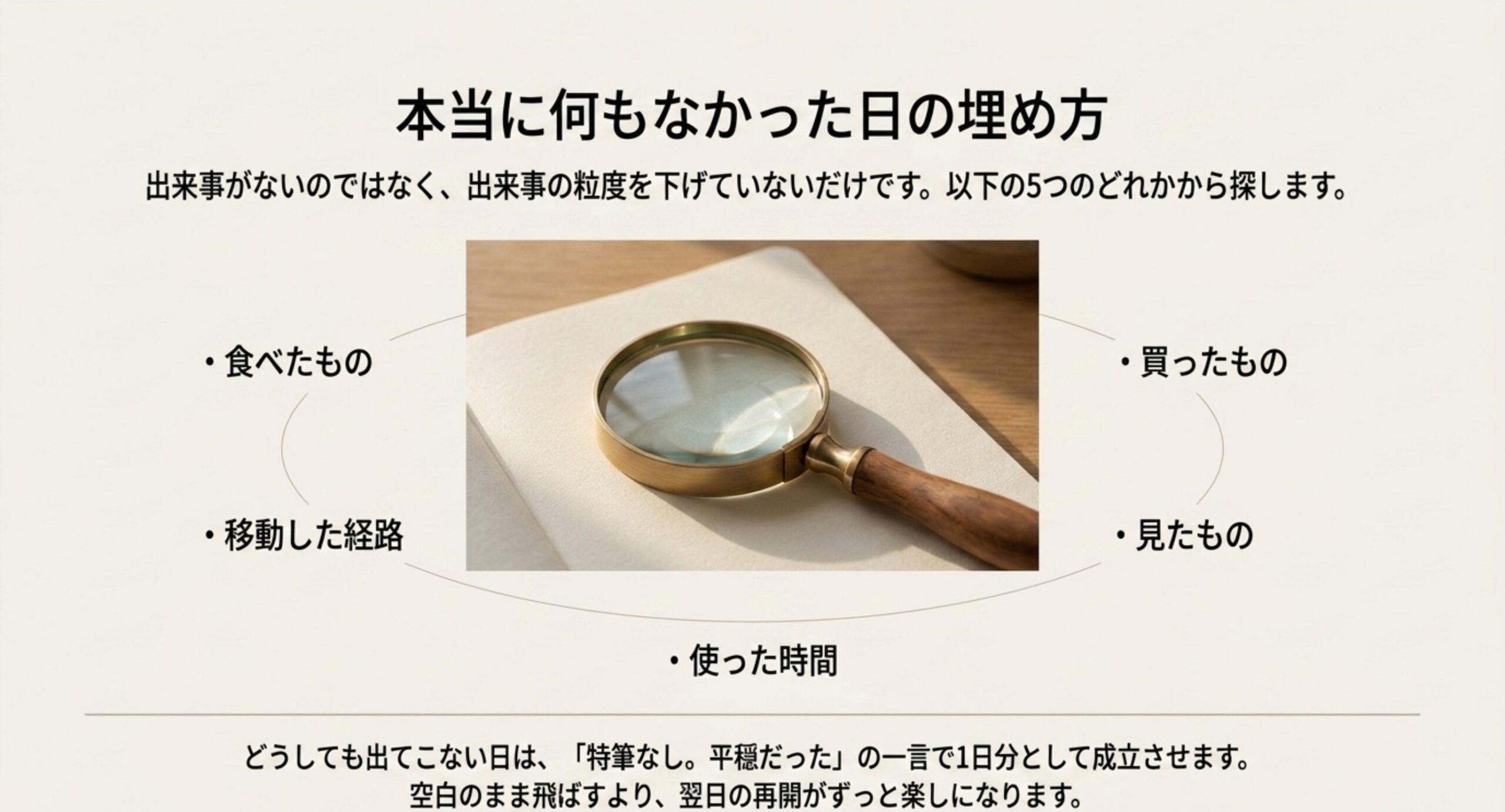 食べたもの・移動した経路・買ったもの・見たもの・使った時間という5つの切り口を虫めがねの写真を中心に配置した図解スライド