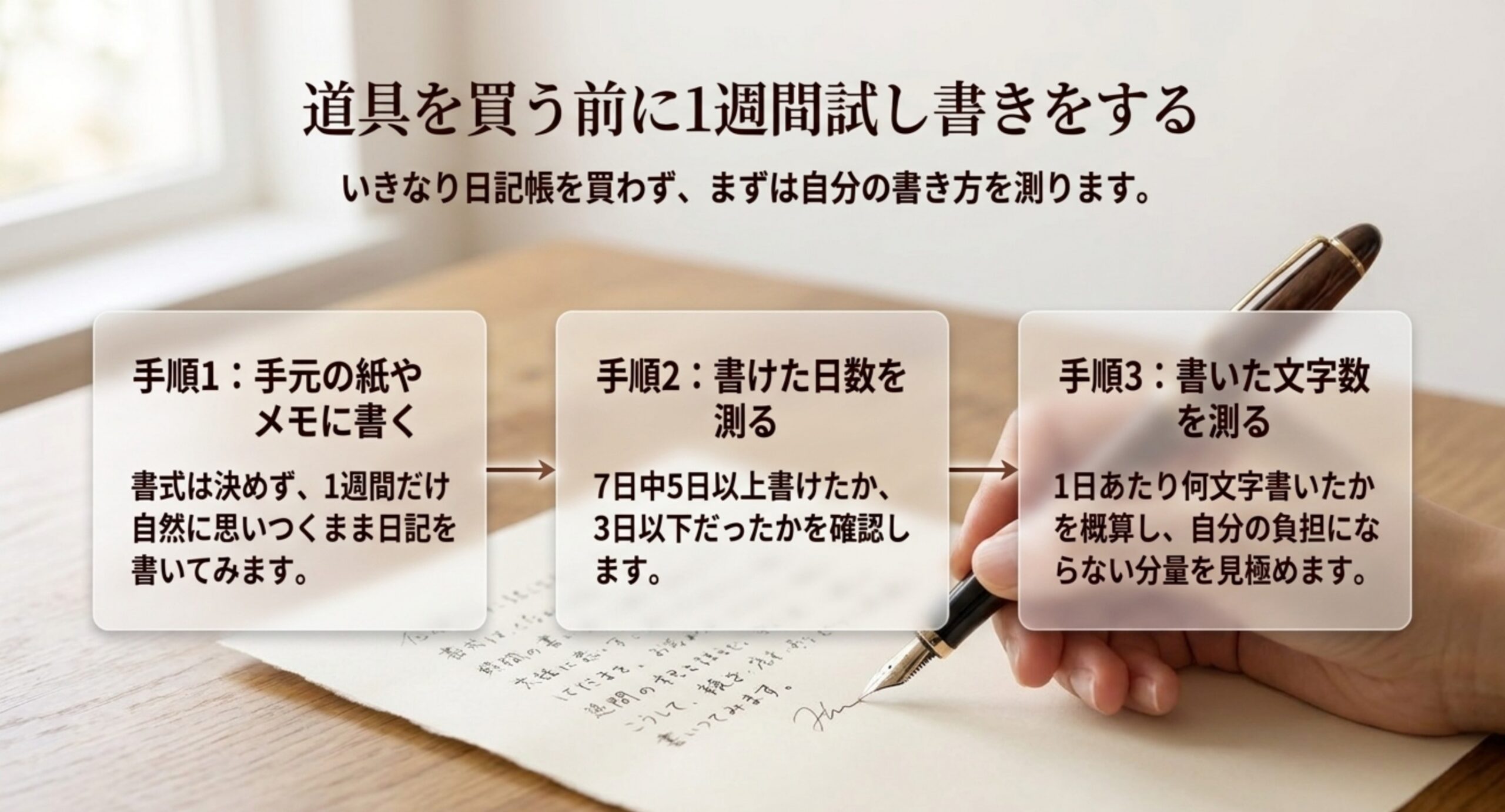 1週間だけ自然に日記を書き、書けた日数と1日あたりの文字数を測ってから道具を選ぶという3ステップのスライド