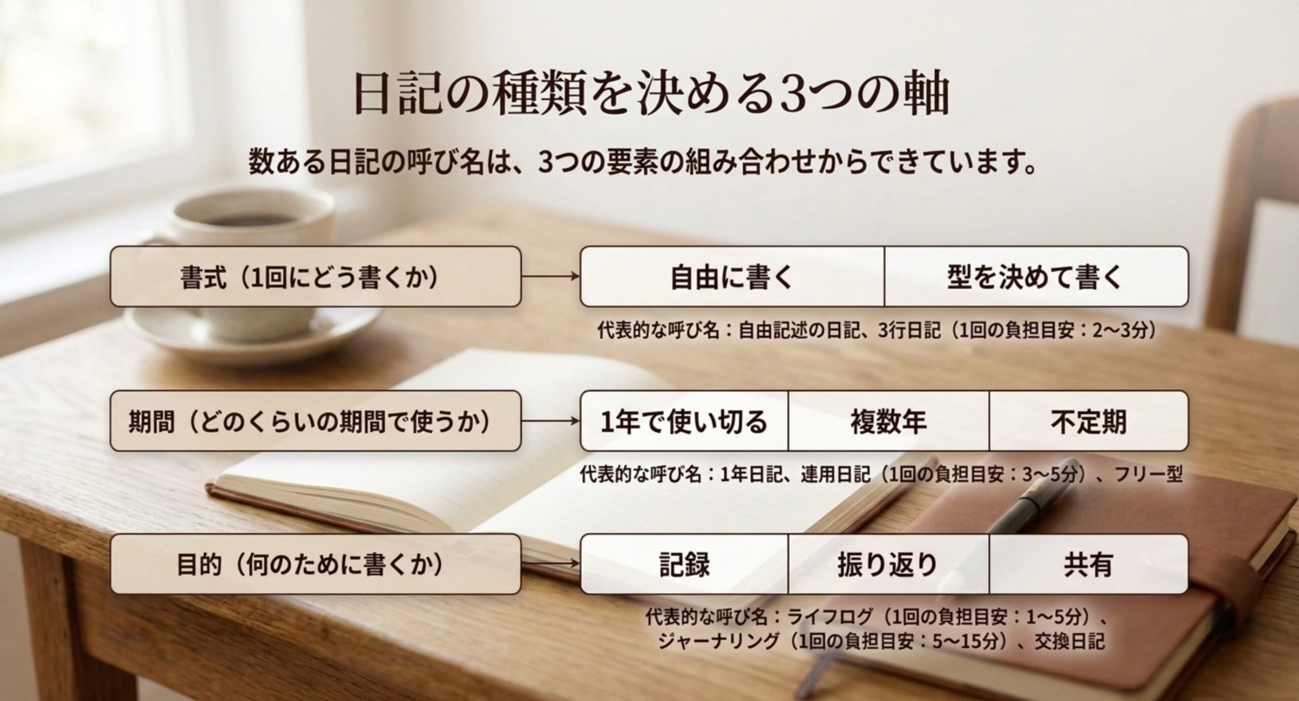 書式は自由に書くか型を決めるか、期間は1年か複数年か不定期か、目的は記録か振り返りか共有かという3つの軸で日記の呼び名を整理した図のスライド