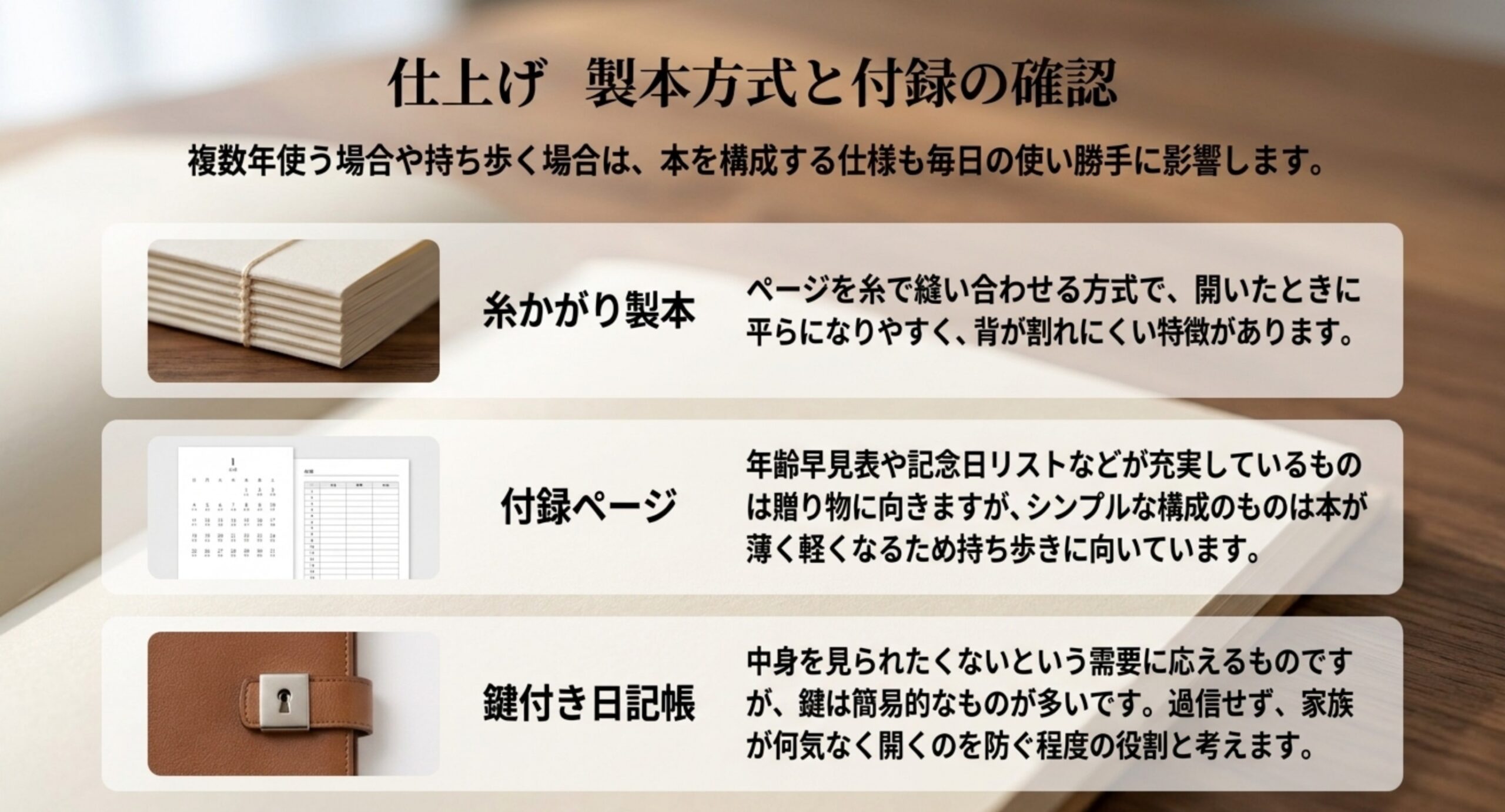 糸かがり製本は平らに開いて背が割れにくいこと、付録ページと鍵付き日記帳の位置づけを写真つきで整理したスライド