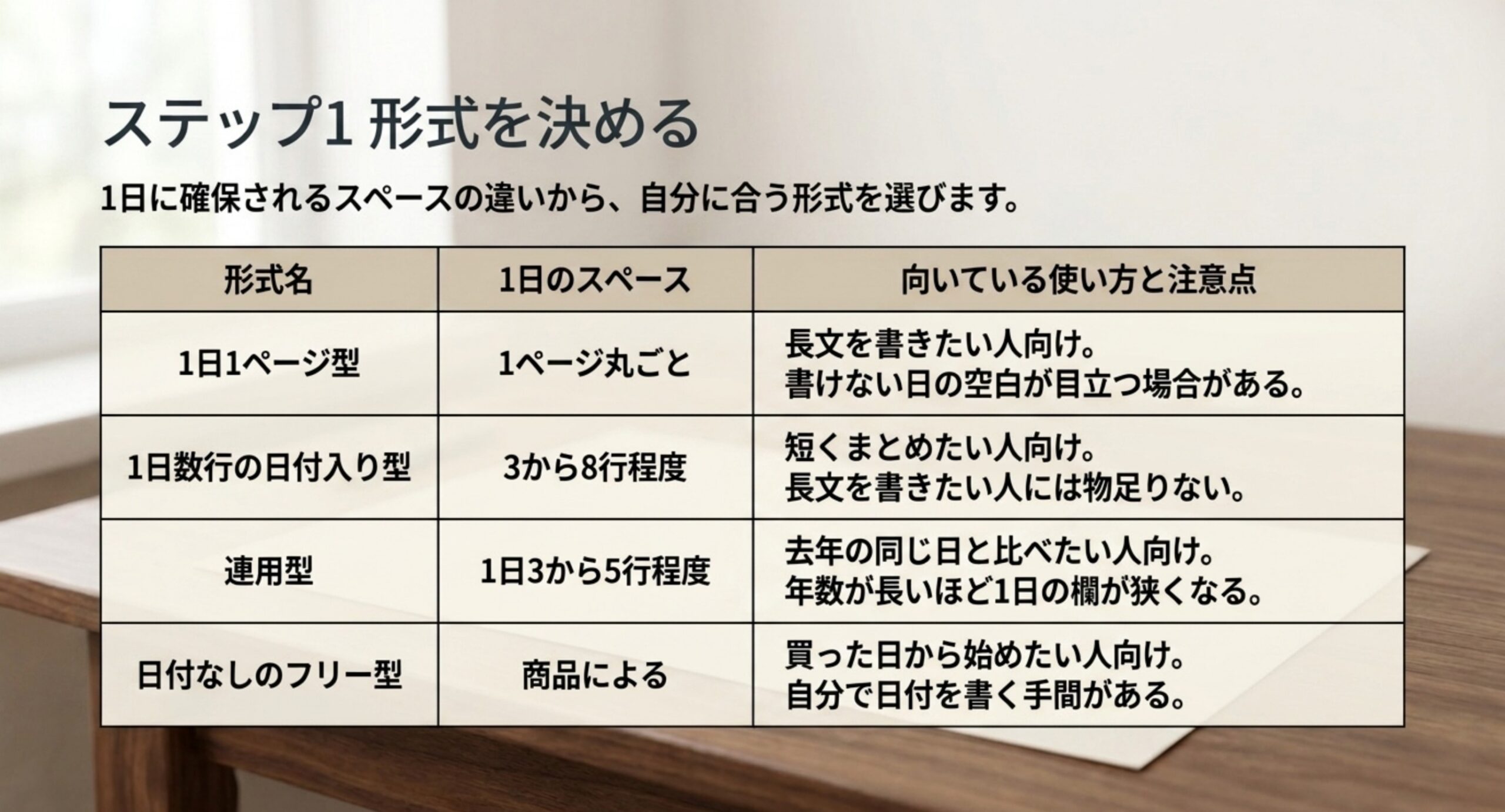 1日1ページ型は1ページ丸ごと、数行タイプは3から8行、連用型は3から5行という記入スペースの違いと向き不向きをまとめた比較表のスライド