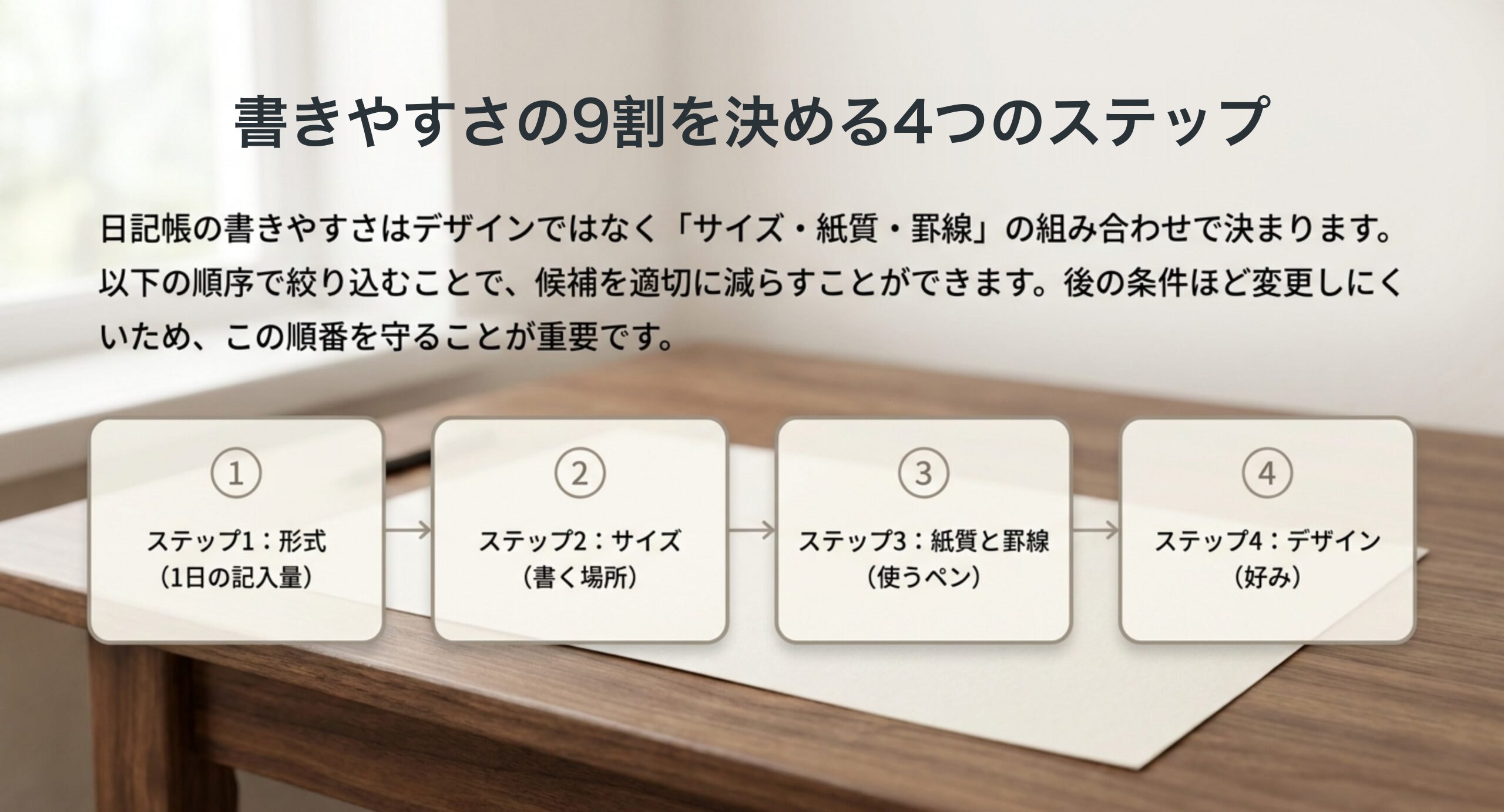 形式、サイズ、紙質と罫線、デザインの順に日記帳を絞り込む4ステップを並べた図のスライド