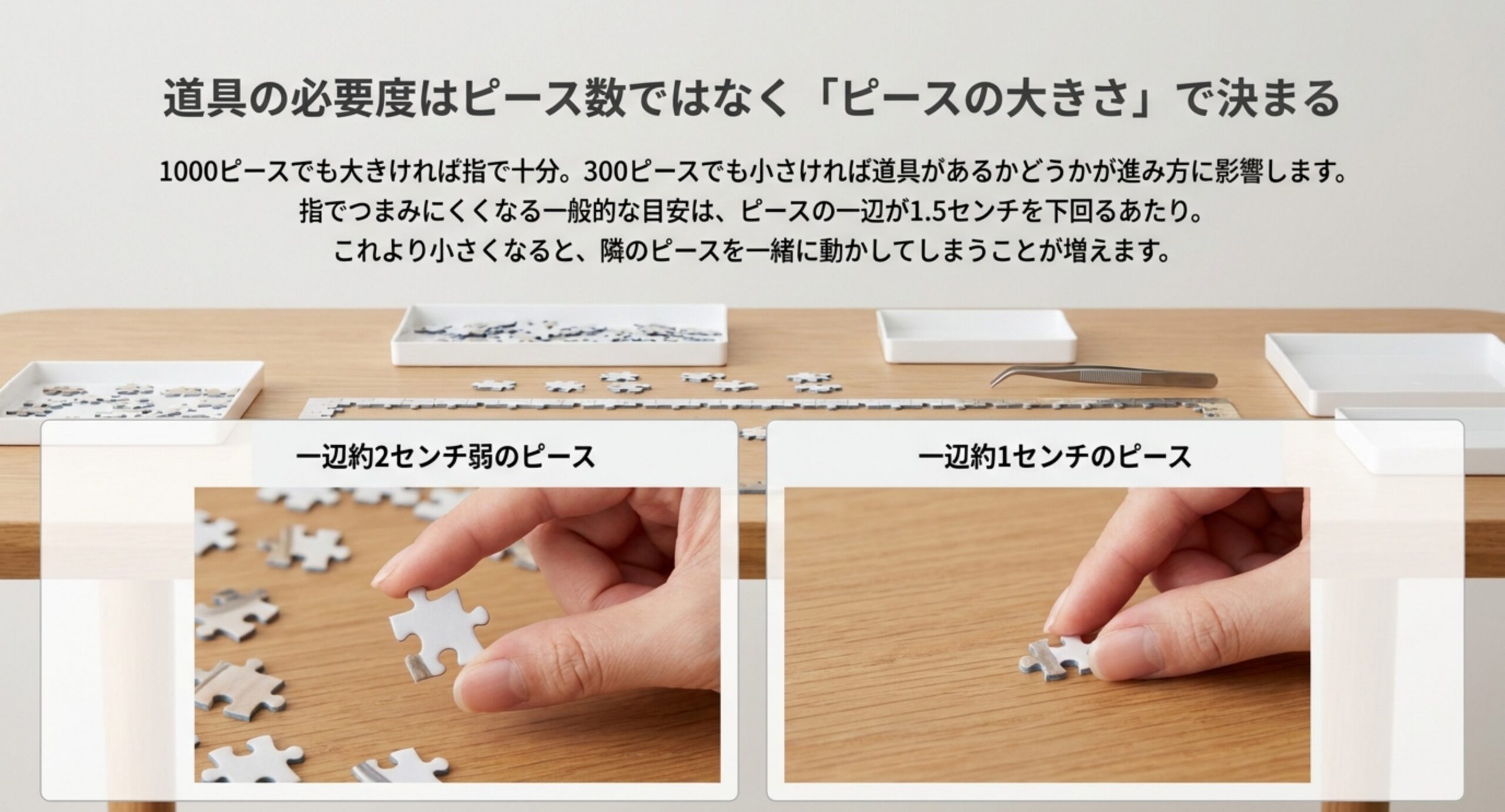 一辺2センチ弱のピースと1センチのピースを指でつまむ様子を並べ、道具が必要になる境目を示したスライド