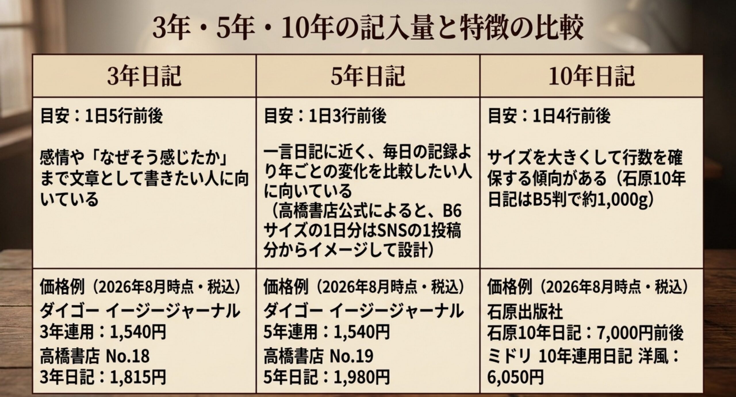 3年日記は1日5行前後、5年日記は3行前後、10年日記は4行前後という記入量と、ダイゴー・高橋書店・石原出版社・ミドリの価格例を並べた比較表のスライド