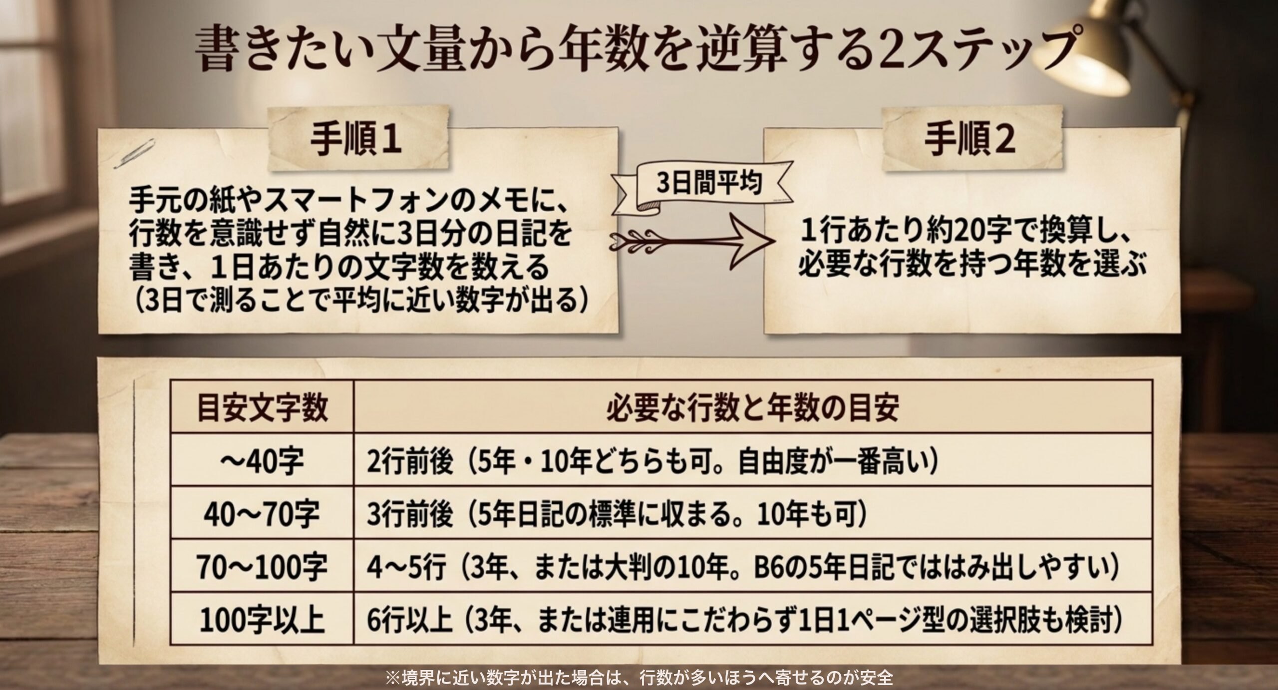 3日ぶん試し書きして1日の文字数を数え、40字・70字・100字の帯ごとに必要な行数と年数を対応させた手順のスライド