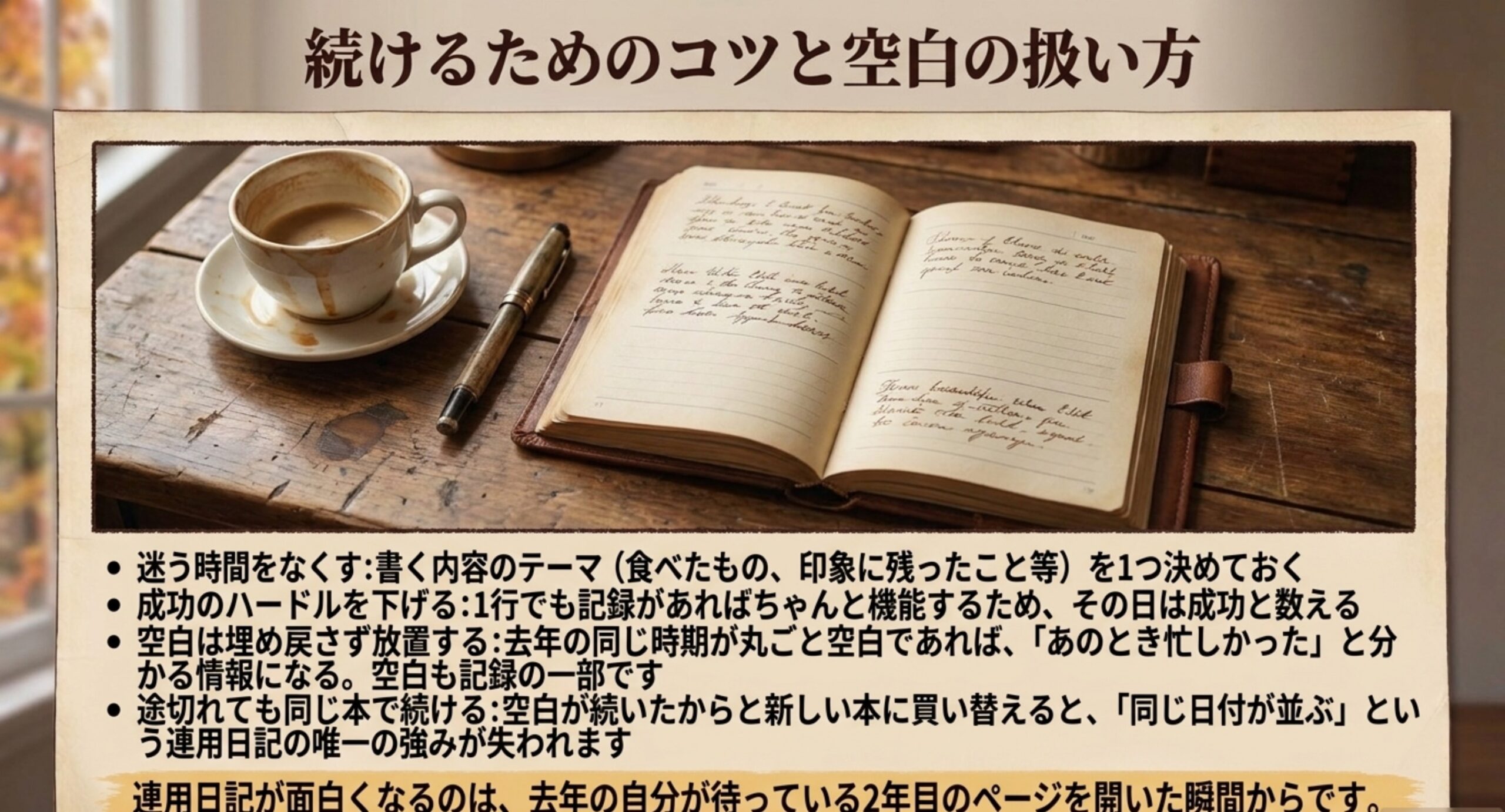 書く内容のテーマを決める、1行でも成功と数える、空白は埋め戻さないという継続のコツをまとめたスライド