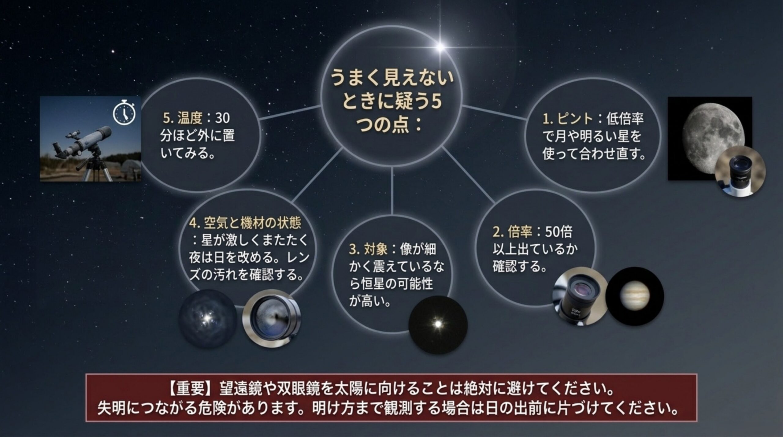 ピント・倍率・対象違い・空気と機材の状態・温度順応という5つの確認項目を円状に並べたスライド