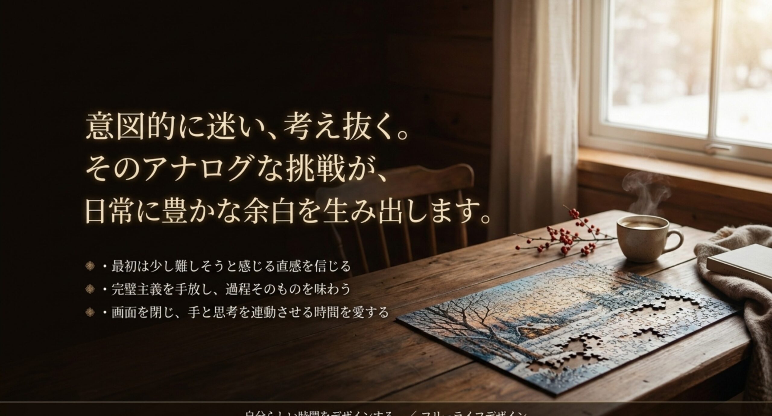 窓辺のテーブルに広げた風景ジグソーとコーヒー。意図的に迷い考え抜く時間が日常に余白を生むという締めくくり